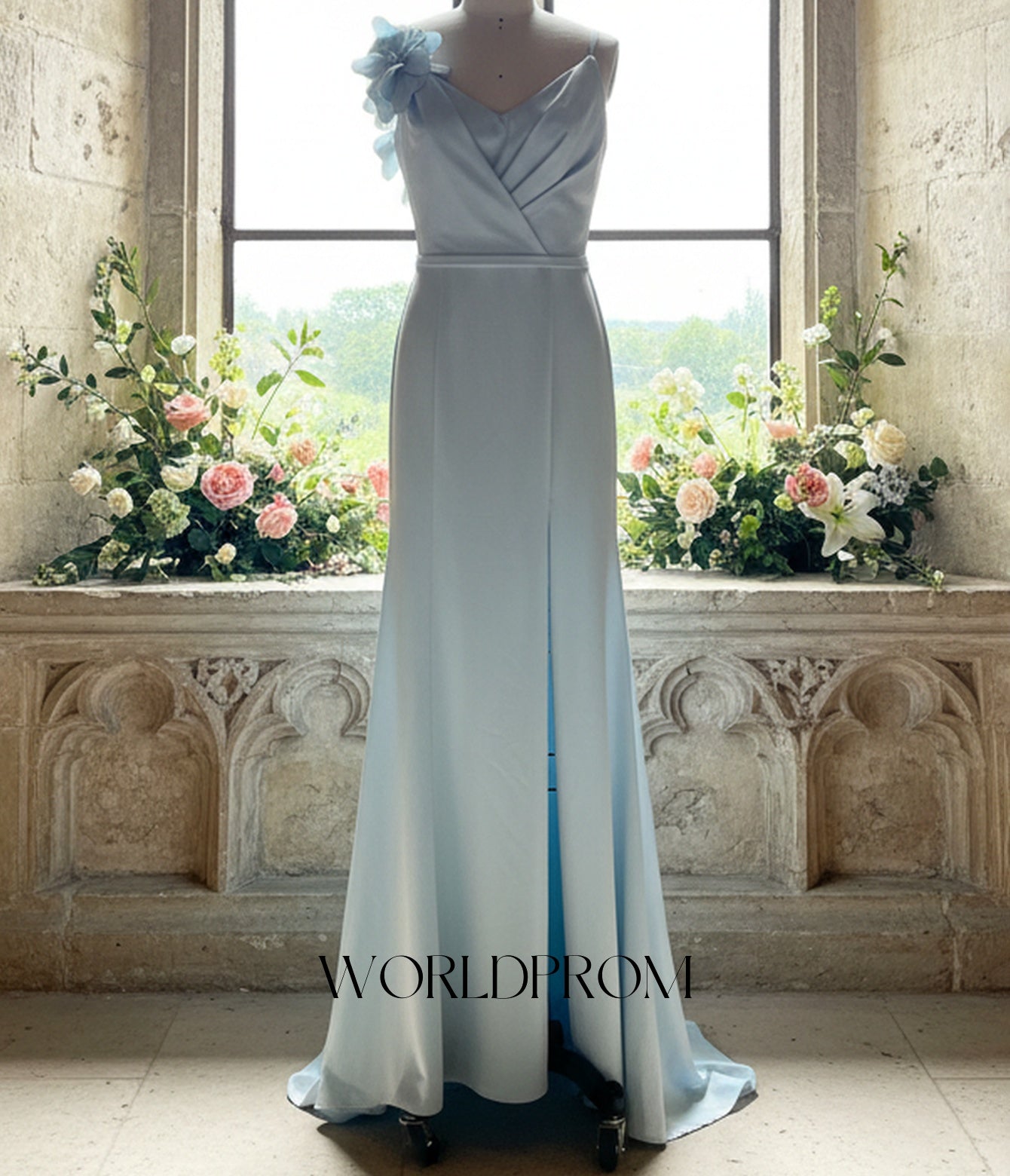 3D Flowers Spaghetti Shoulder Straps Pleated Mermaid Long Prom Dress With Slit - Sky Blue