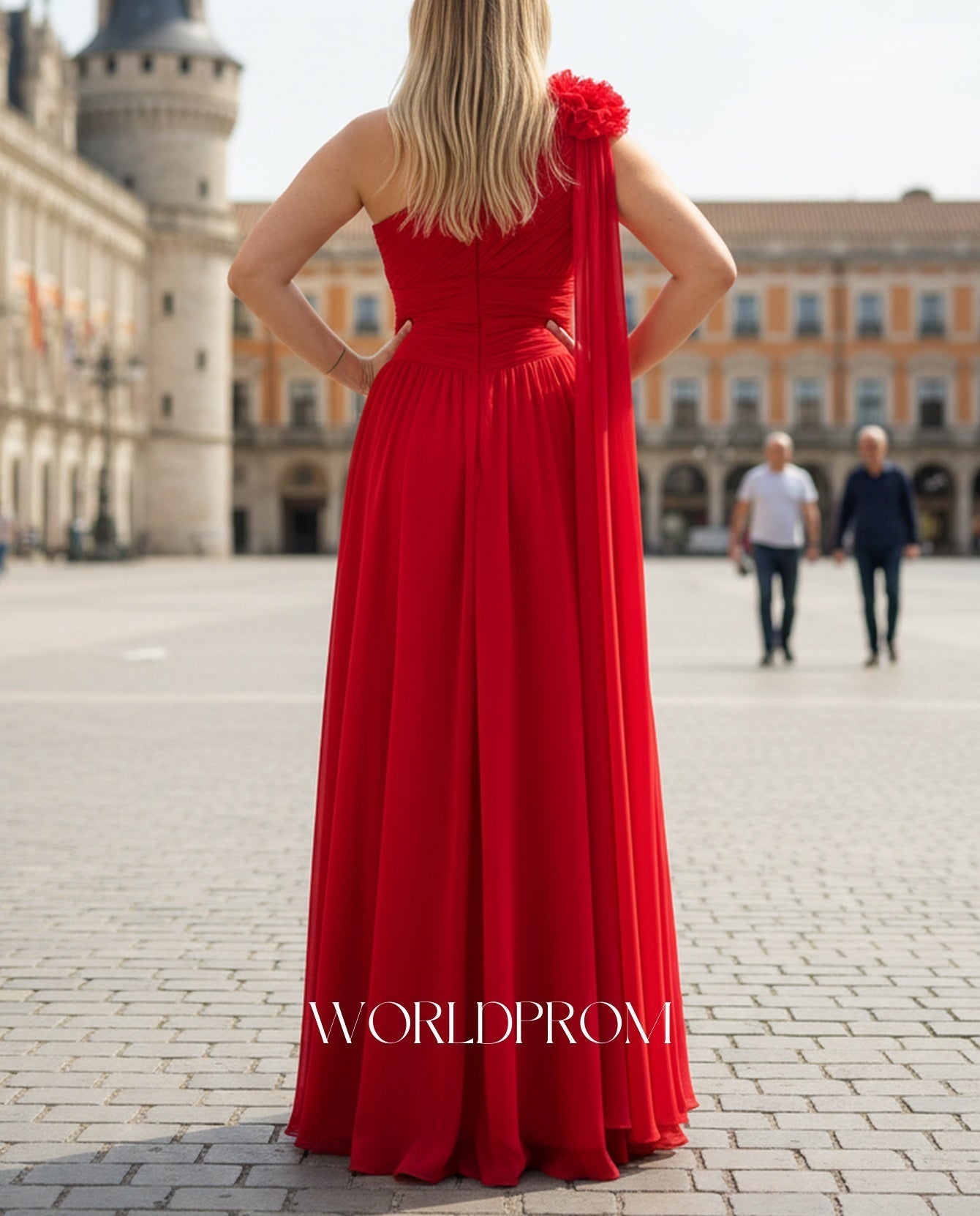 3D Flower One Shoulder Pleated A-Line Long Prom Dress With Drop - Red