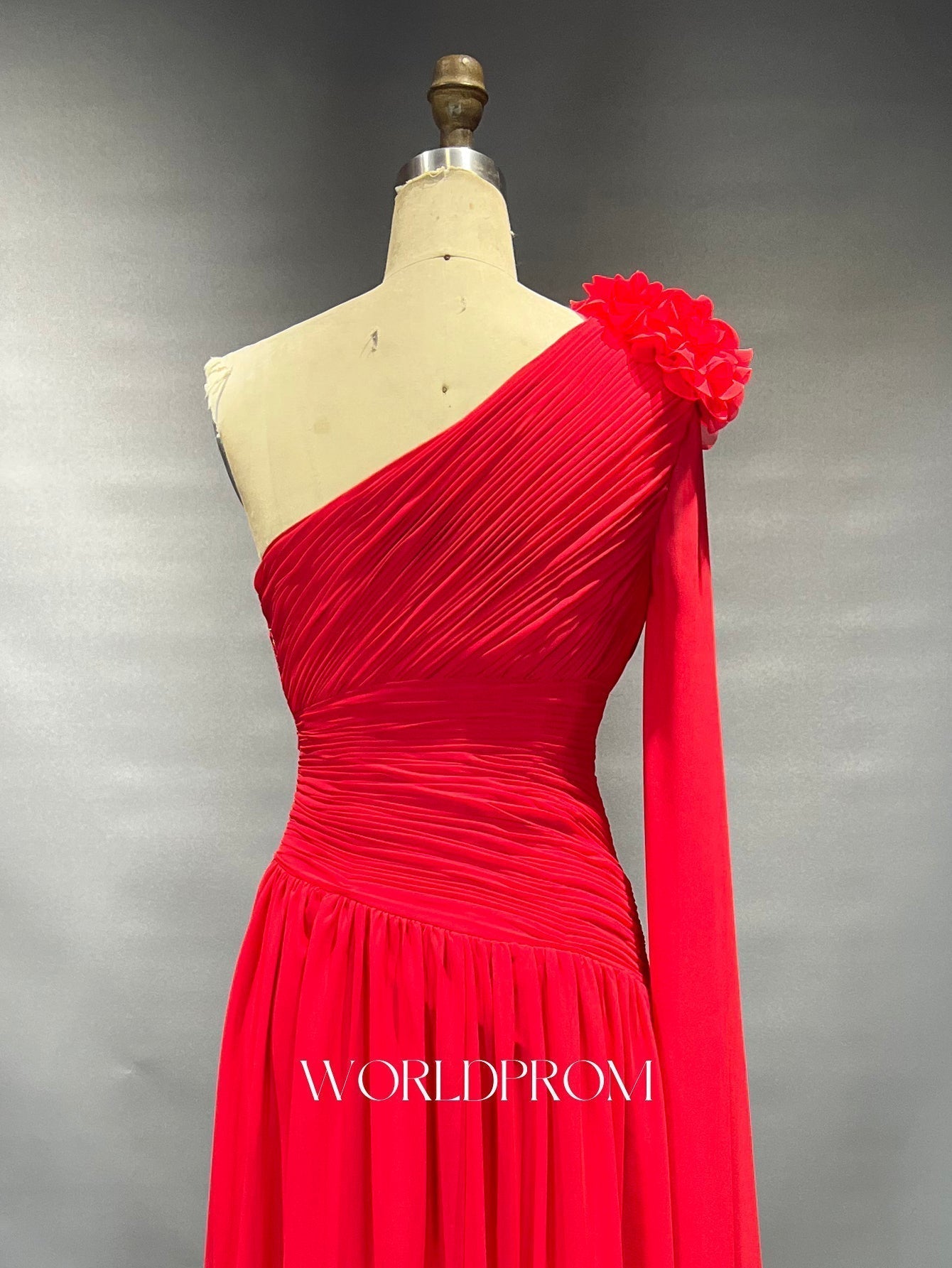 3D Flower One Shoulder Pleated A-Line Long Prom Dress With Drop - Red