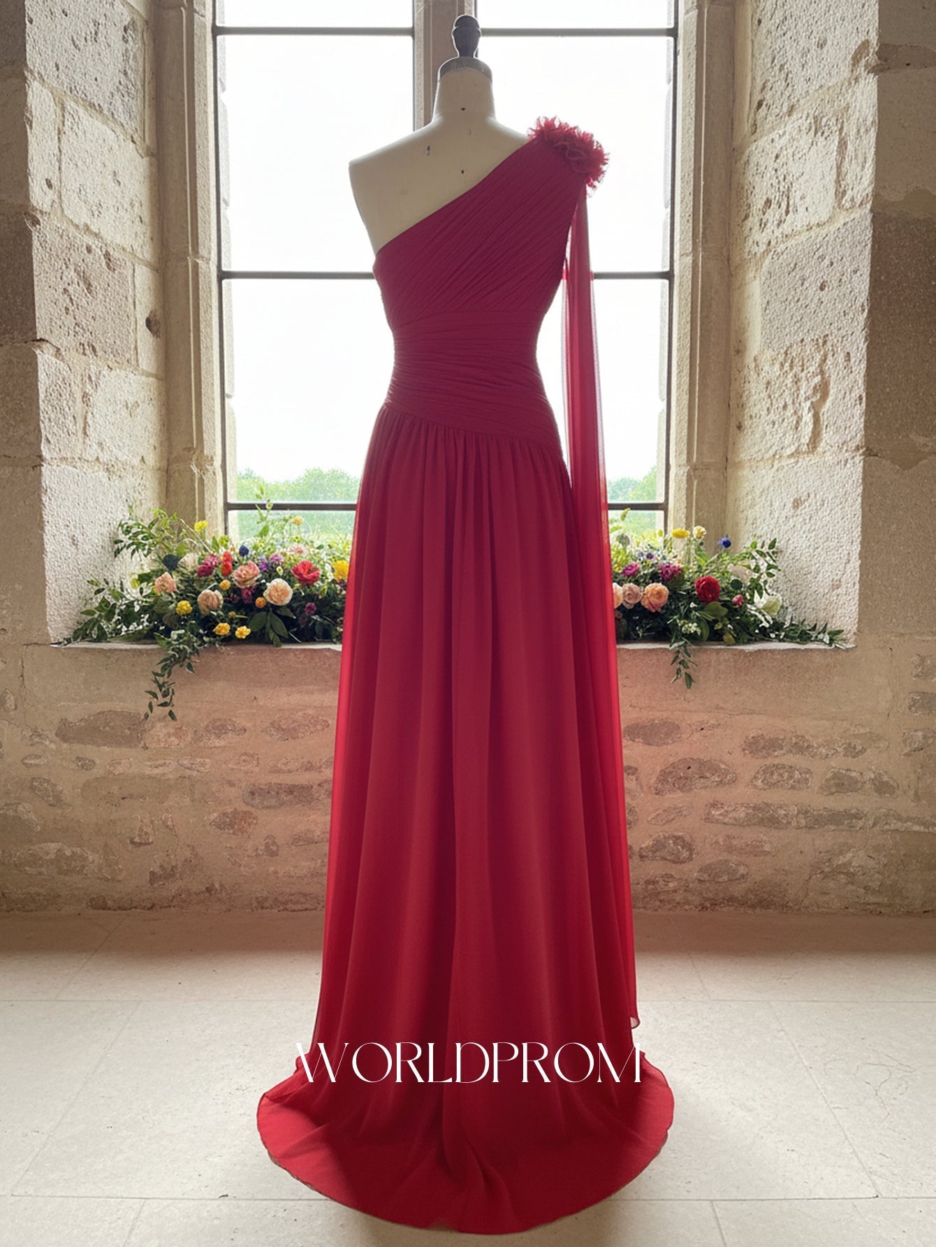 3D Flower One Shoulder Pleated A-Line Long Prom Dress With Drop - Red