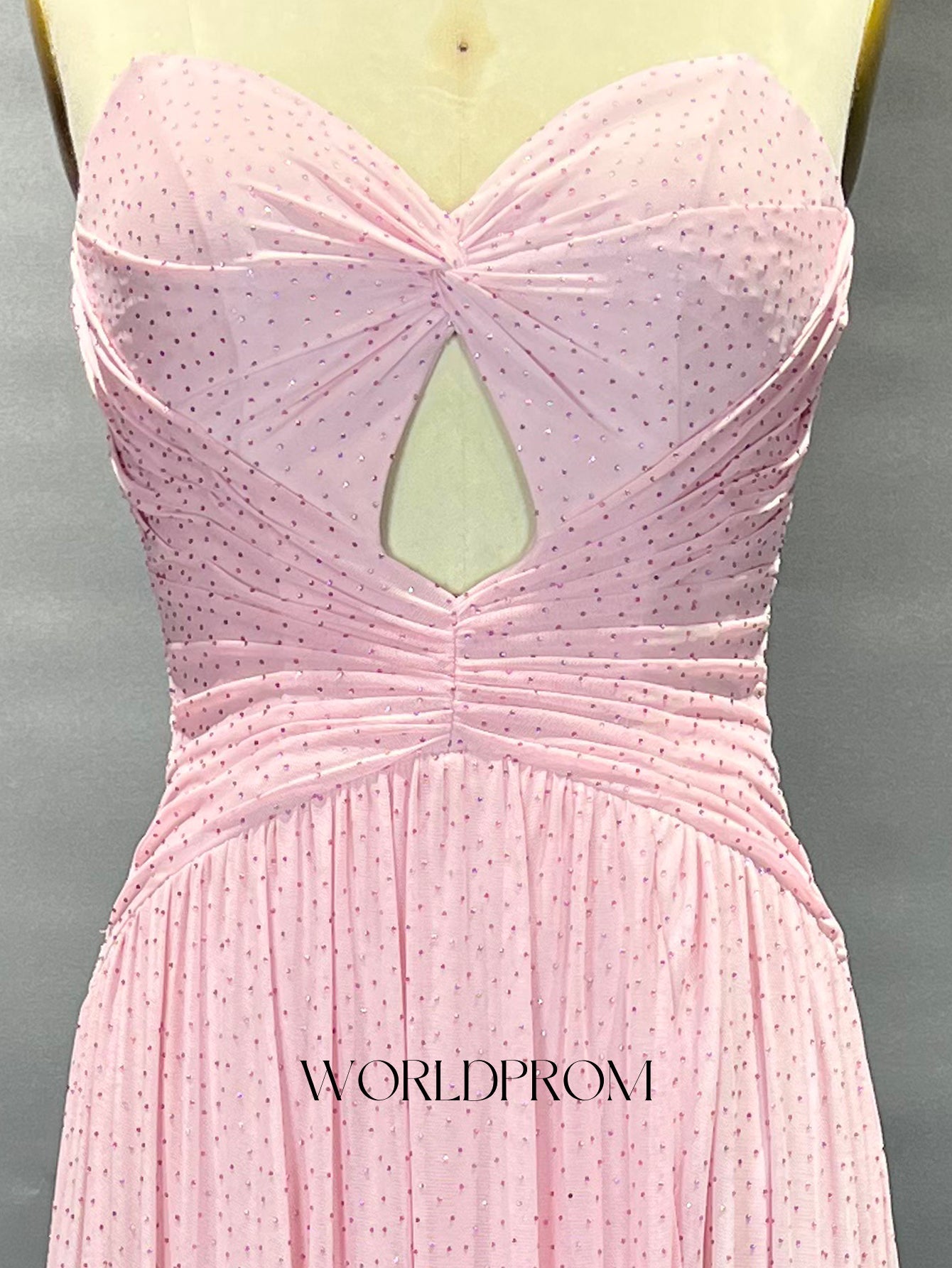 Hot Fix Crystal Cut Front Pleated A-Line Long Prom Dress - Blush Pink