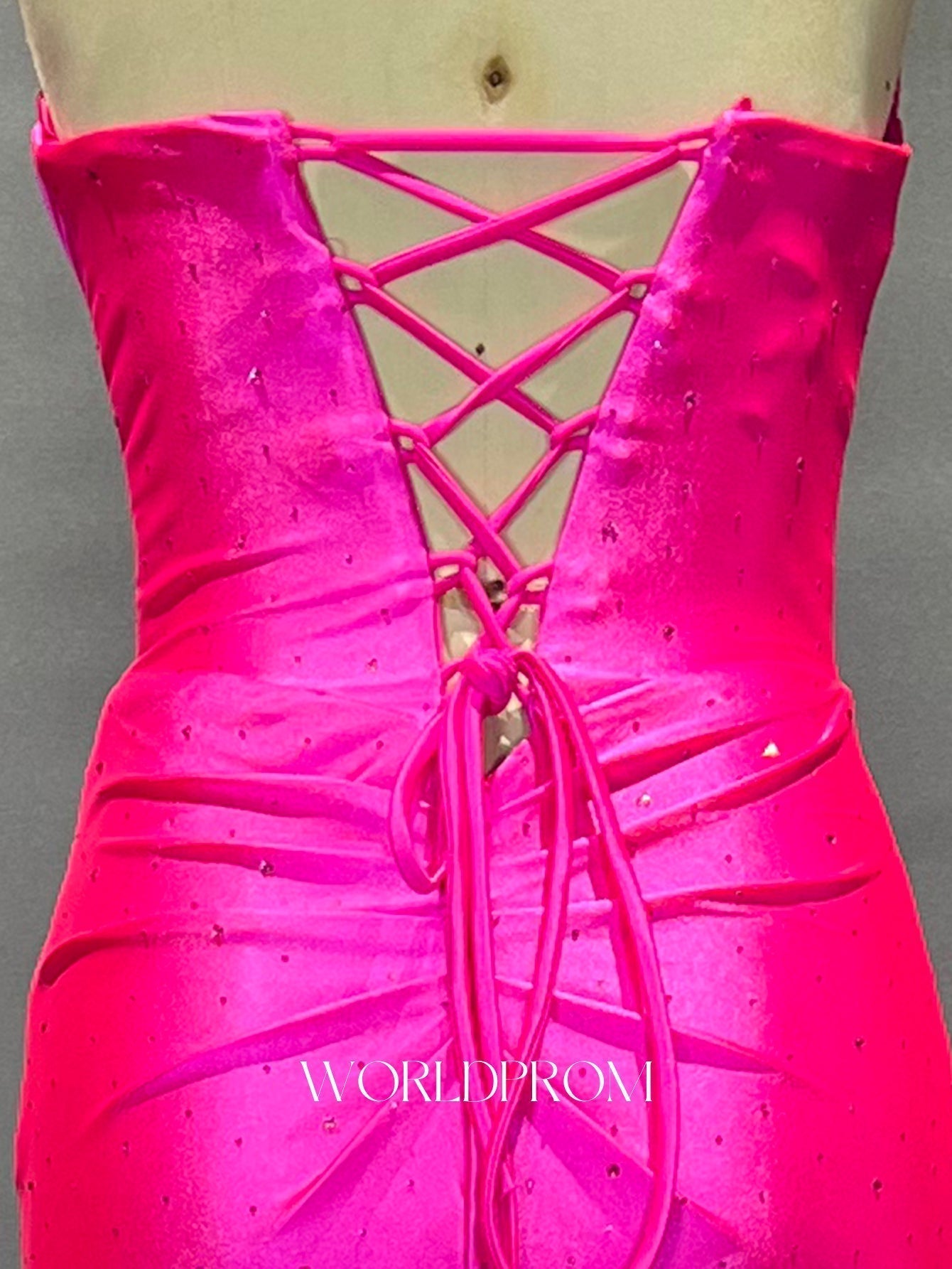Ruched Bust Hot Fix Crystal Pleated Backless Mermaid Long Prom Dress With Slit - Hot Pink