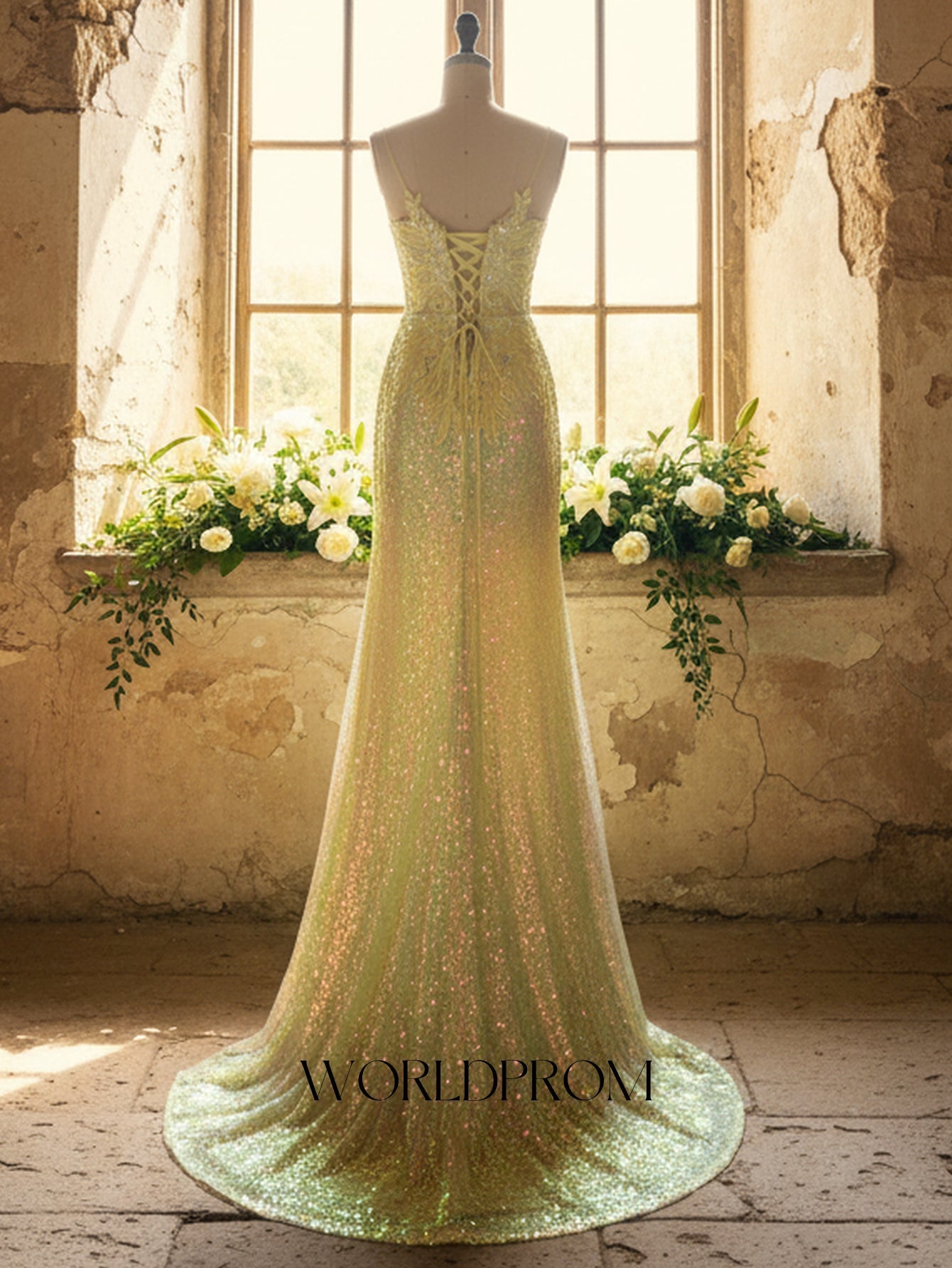 Deep V-Neck Sparkly Beading Lace Floral Illusion Mermaid Long Prom Dress - Goose Yellow