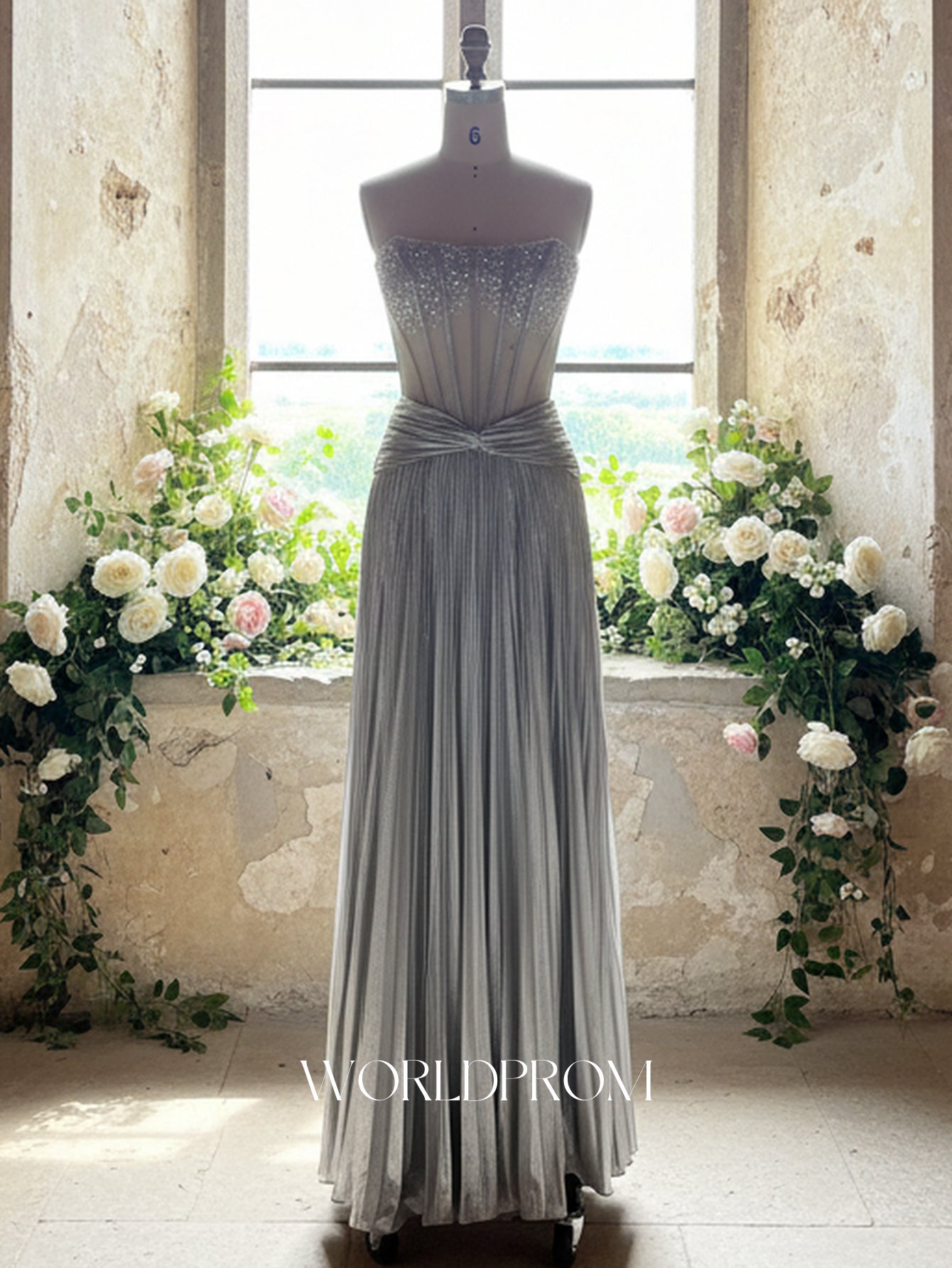 Hot Fix Crystal Illusion Pleated Bodice A-Line Long Prom Dress - Silver