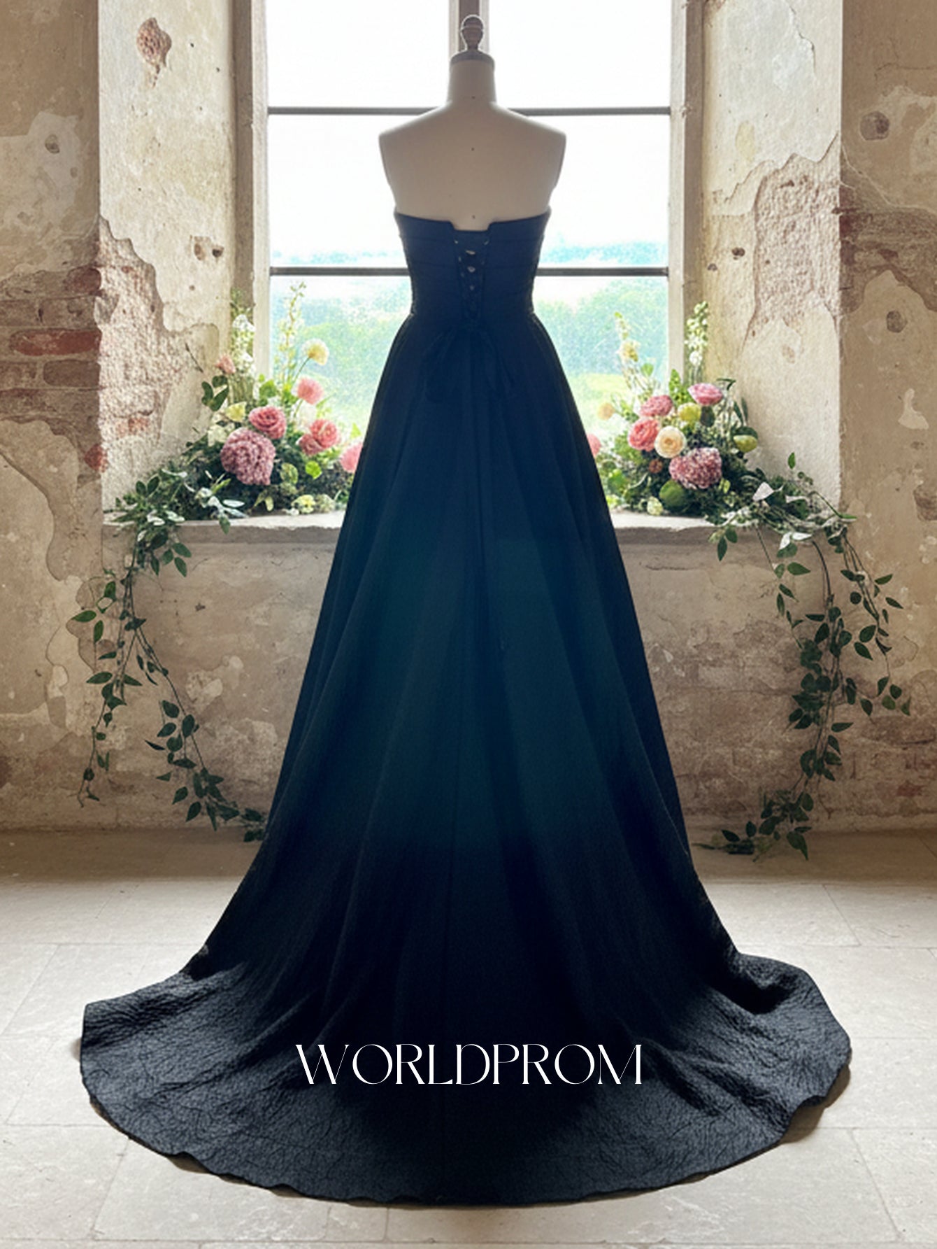 Strapless Floral Corset Lace Up A-Line Long Prom Dress - Black
