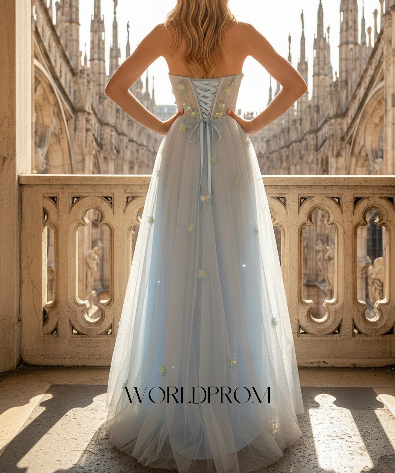 3D Flowers Hot Fix Crystal Illusion Bodice A-Line Long Prom Dress - Light Blue