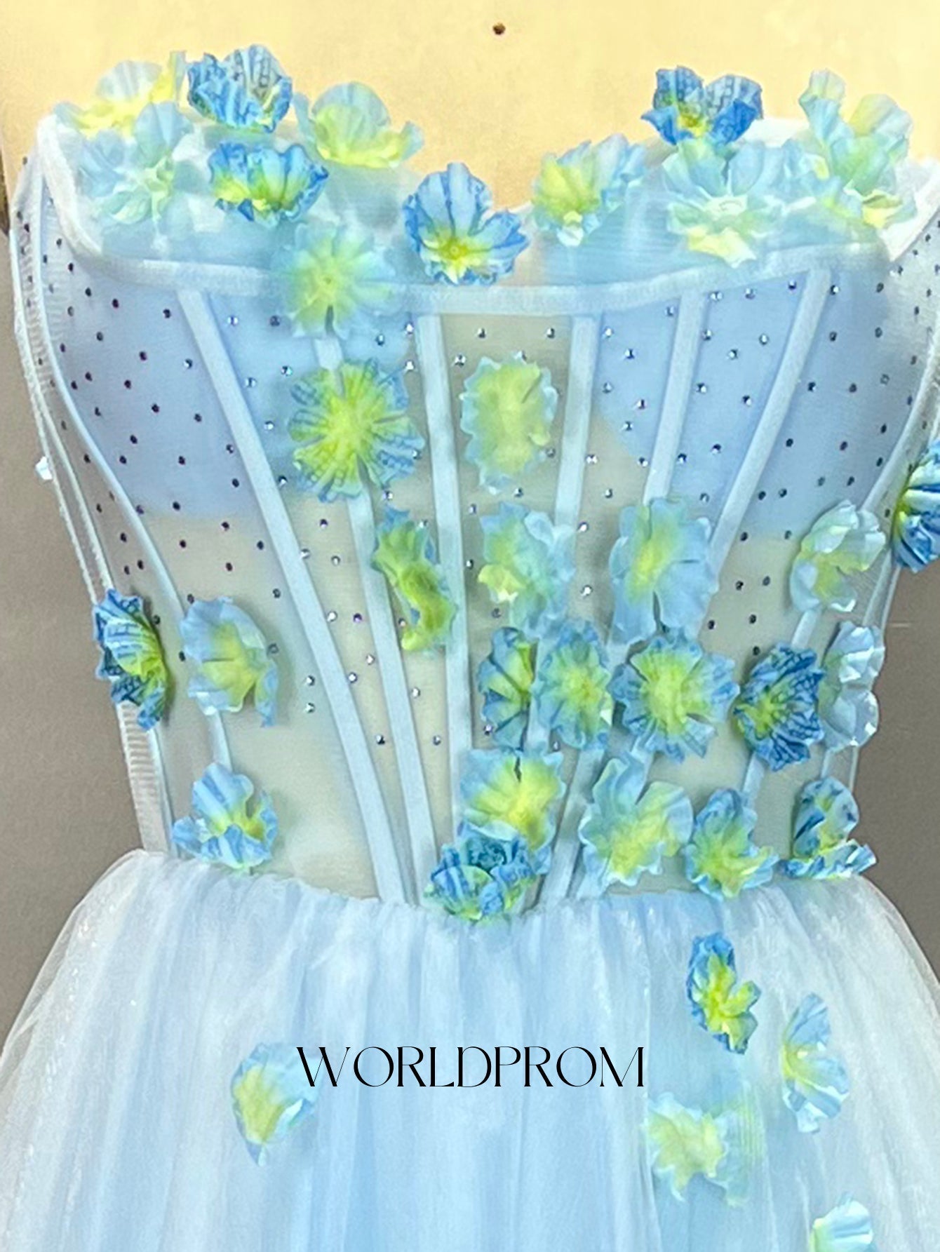 3D Flowers Hot Fix Crystal Illusion Bodice A-Line Long Prom Dress - Light Blue