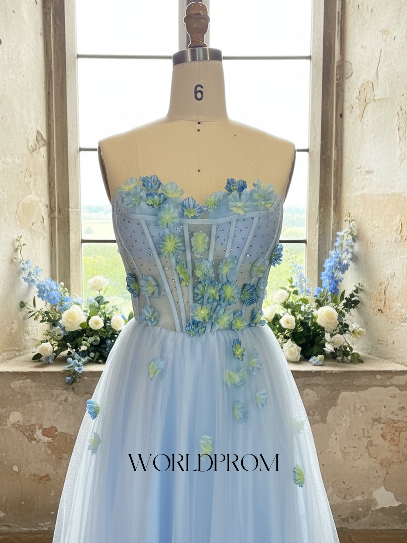 3D Flowers Hot Fix Crystal Illusion Bodice A-Line Long Prom Dress - Light Blue