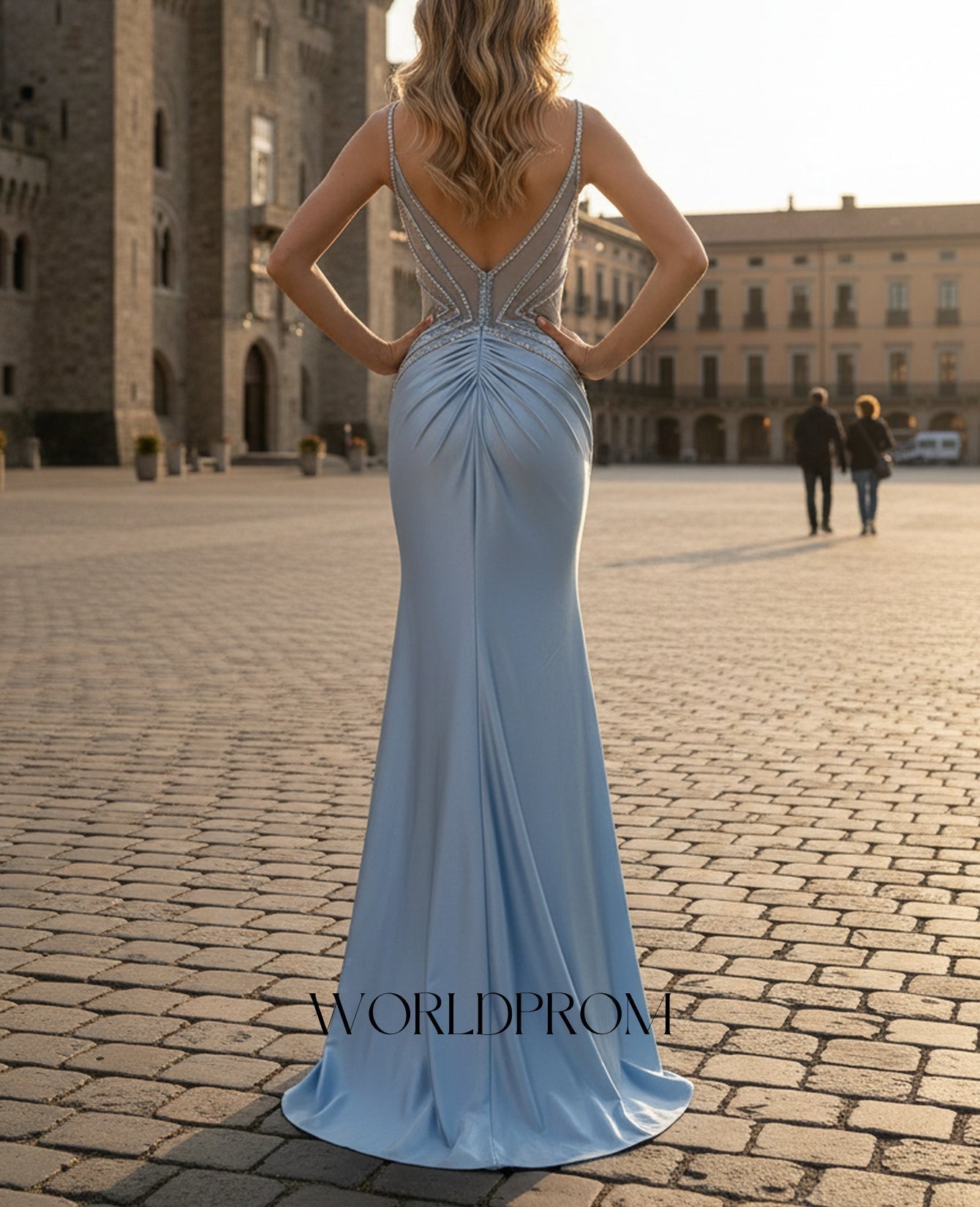 Sparkly Beading Spaghetti Shoulder Straps Illusion Backless Mermaid Long Prom Dress - Sky Blue