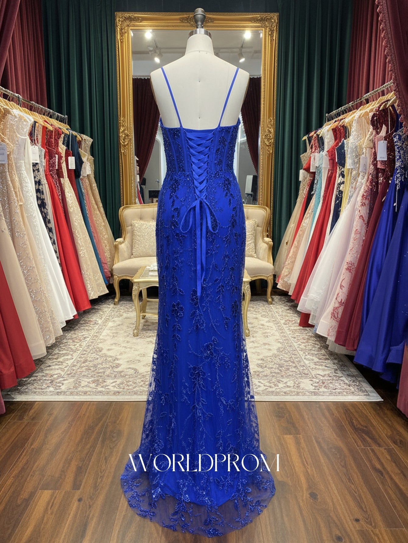 Sparkly Beading Spaghetti Shoulder Straps Bodice Mermaid Long Prom Dress With Slit - Royal Blue