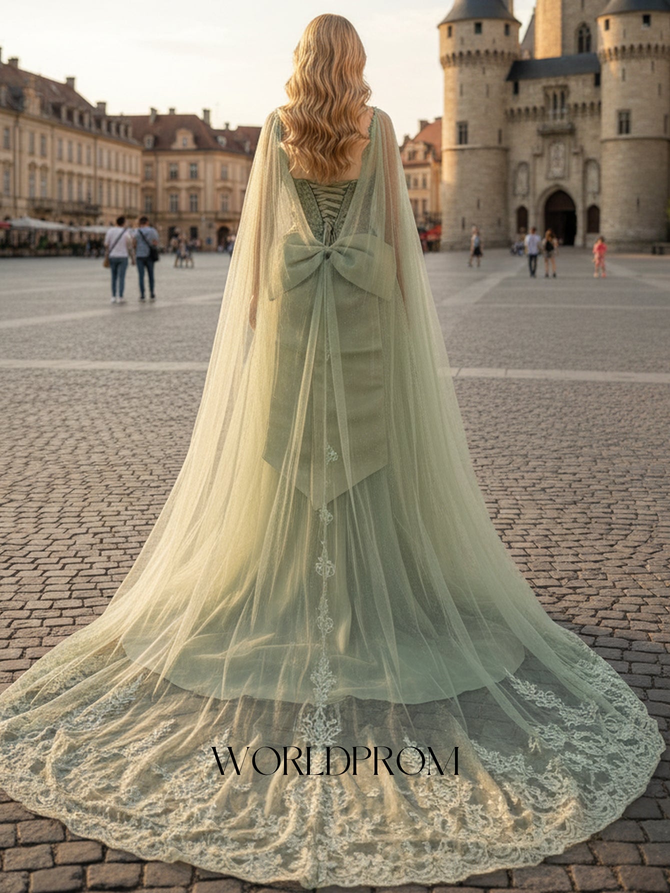 3D Flowers Big Bow Back Lace A-Line Backless Long Prom Dress With Shawl - Mint Green