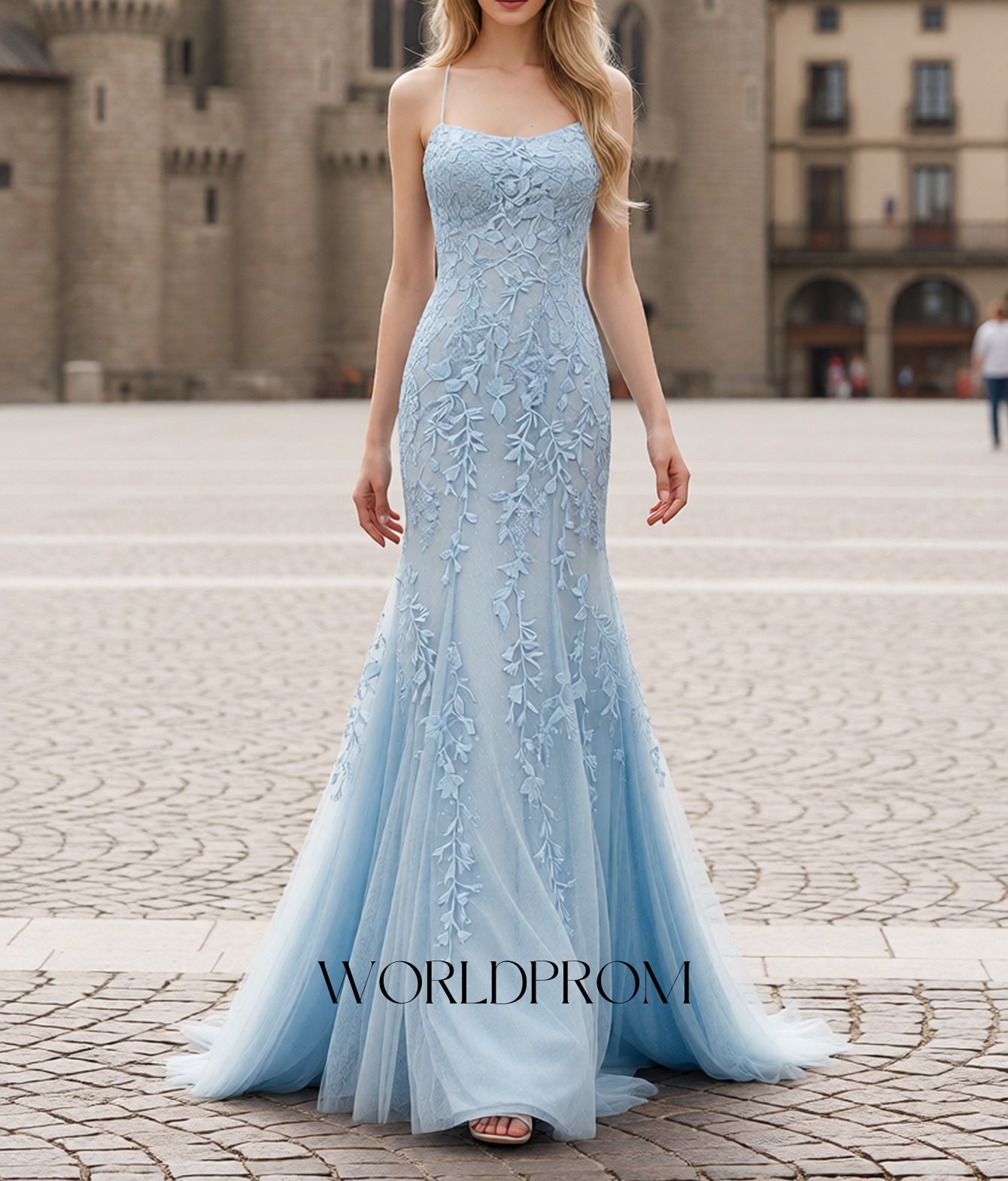 Spaghetti Shoulder Straps Lace Floral Mermaid Backless Long Prom Dress - Sky Blue