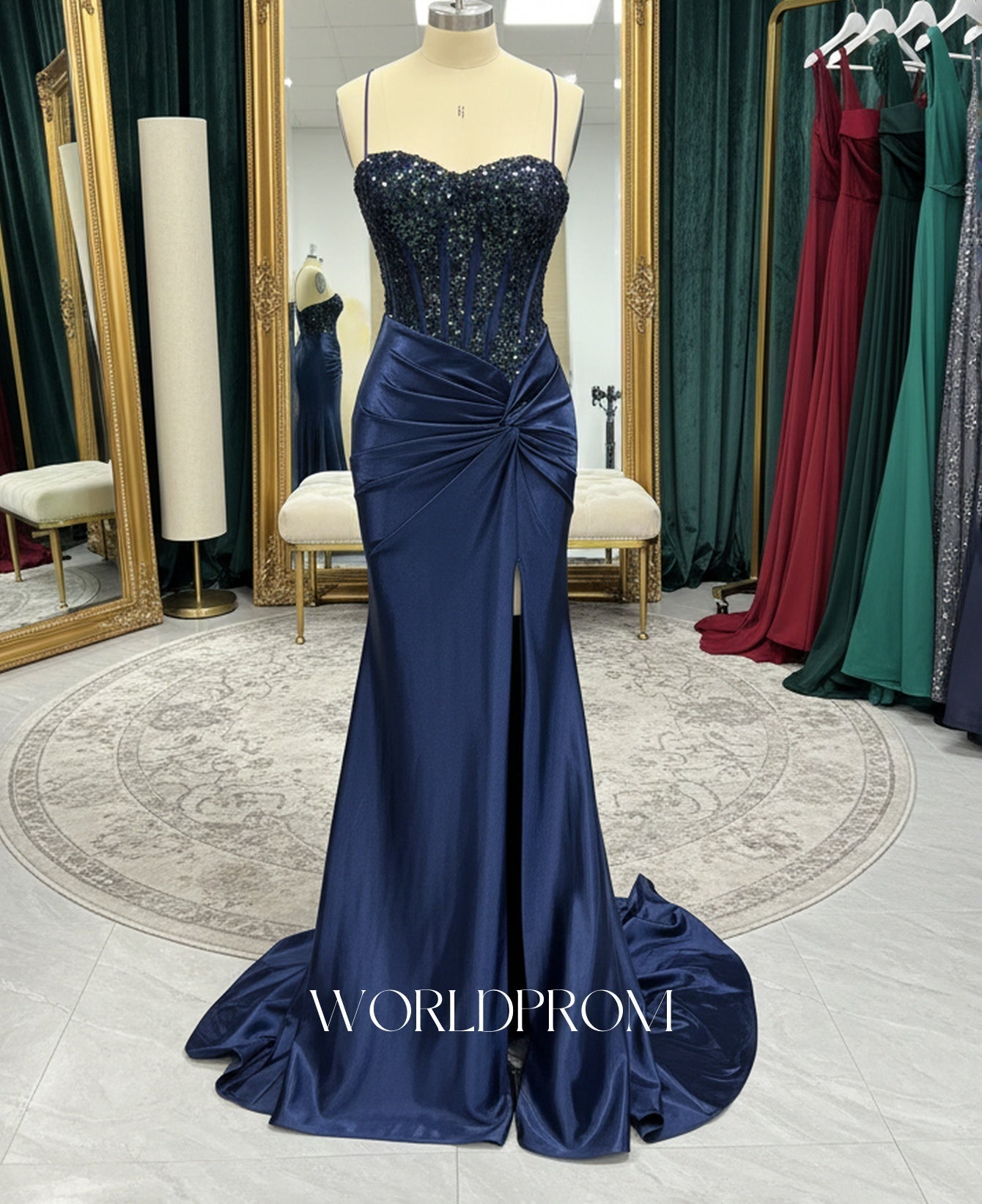 Sparkly Beading Spaghetti Shoulder Straps Twist Bodice Mermaid Long Prom Dress With Slit -  Navy Blue