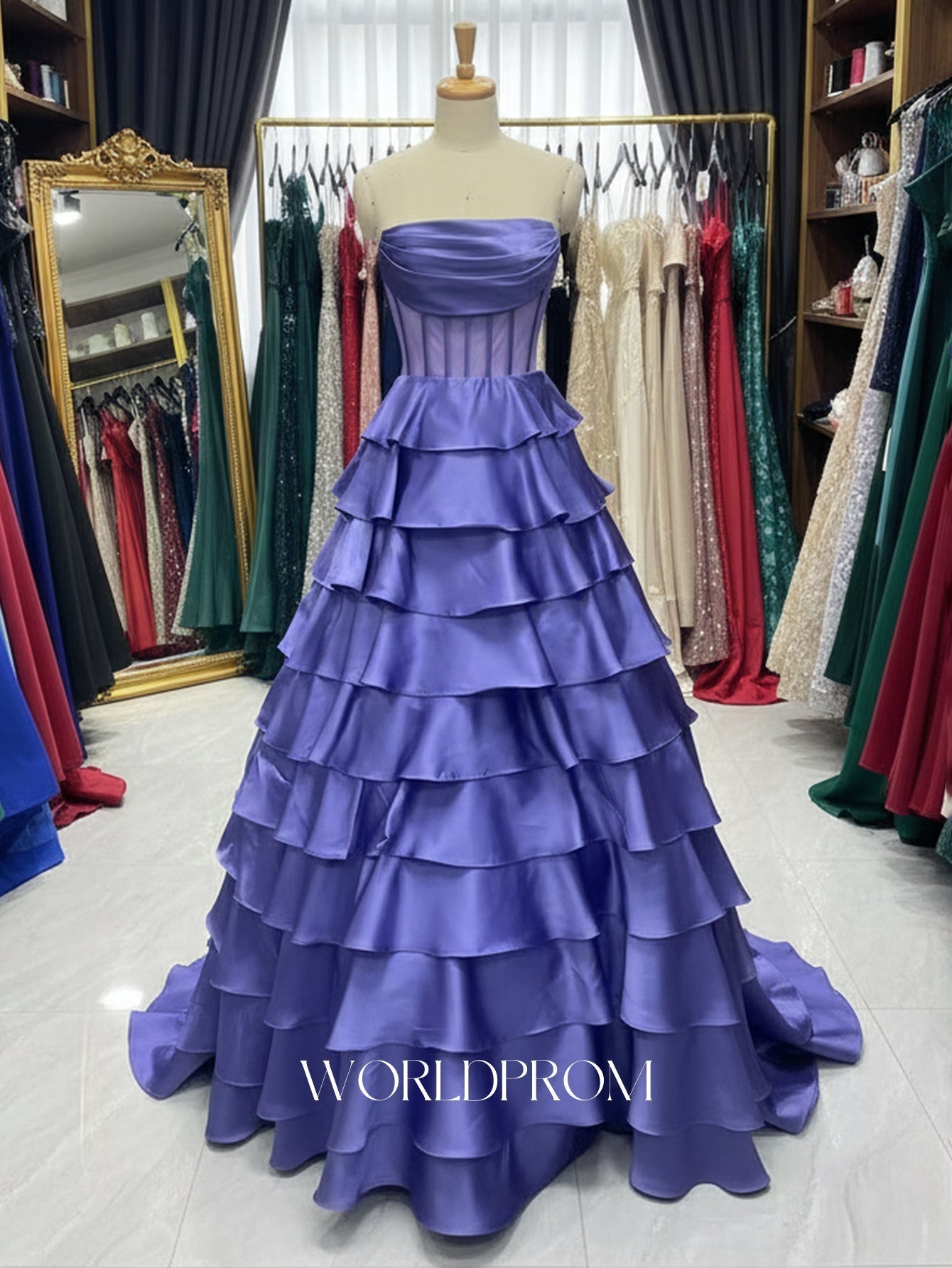 Ruched Bust Illusion Bodice Layered Ruffle Hem Long Ball Gown Prom Dress - Purple