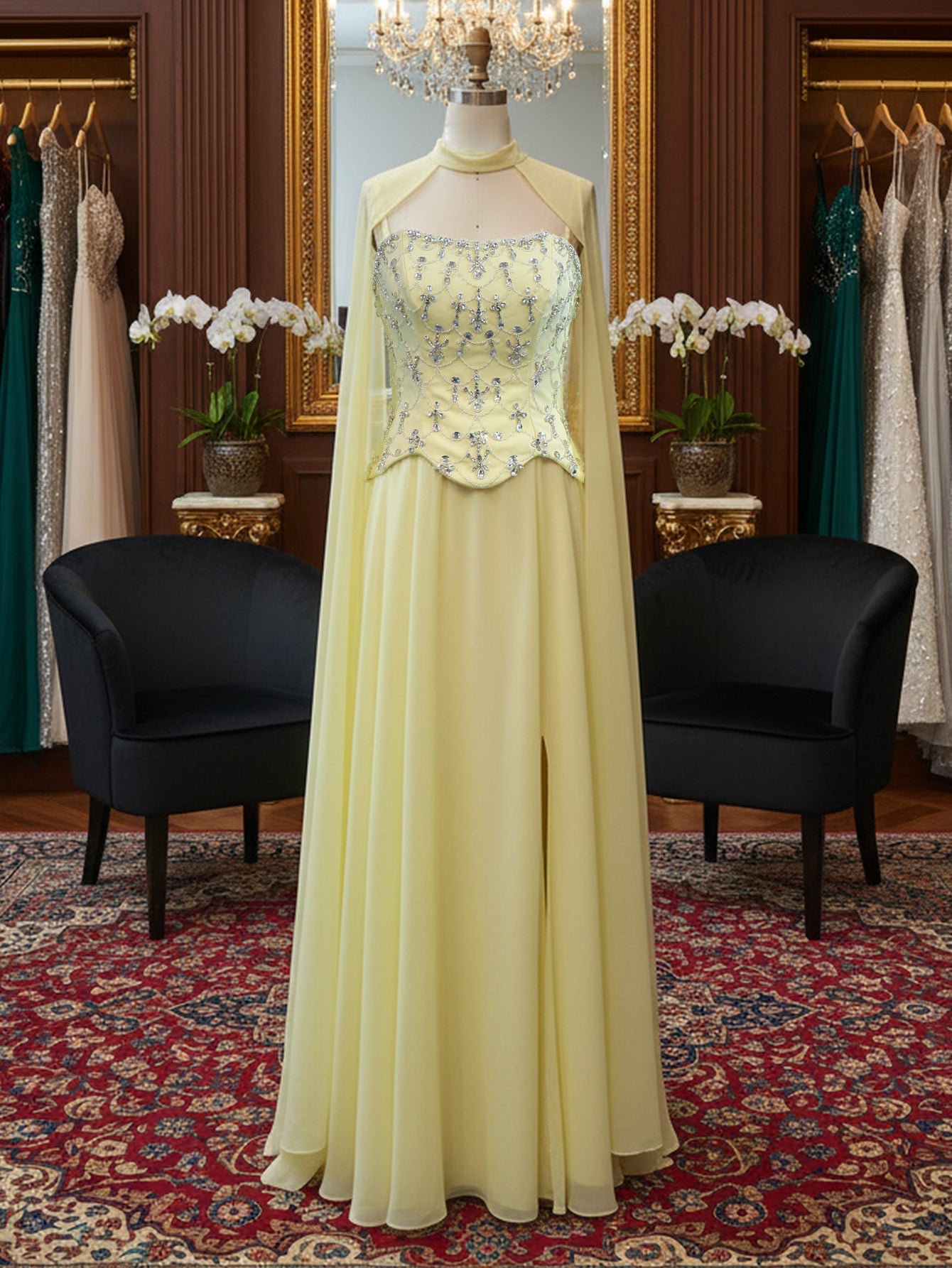 Shawl Sparkly Beading Spaghetti Shoulder Straps A-Line Long Prom Dress With Slit  - Goose Yellow