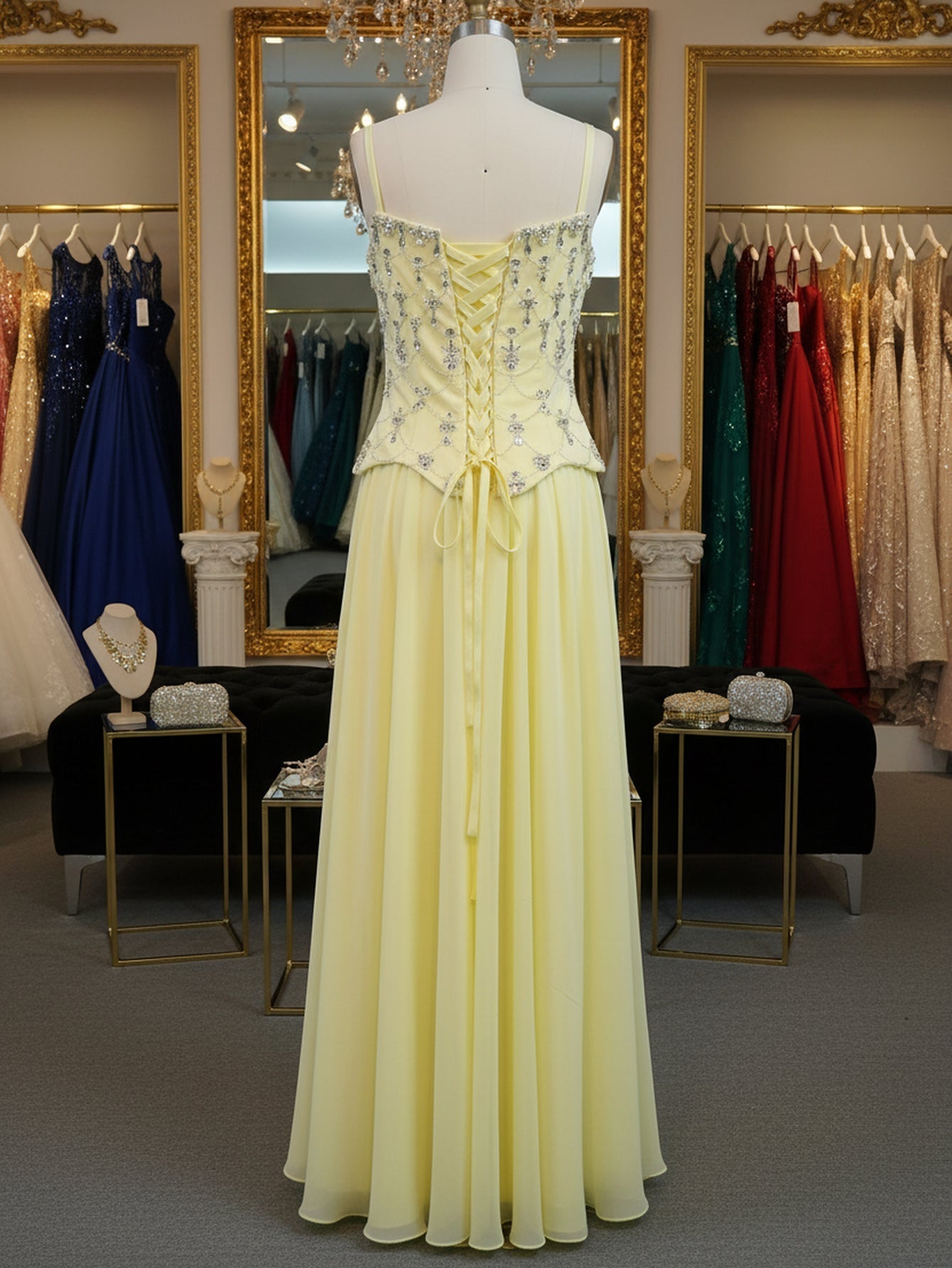 Shawl Sparkly Beading Spaghetti Shoulder Straps A-Line Long Prom Dress With Slit  - Goose Yellow