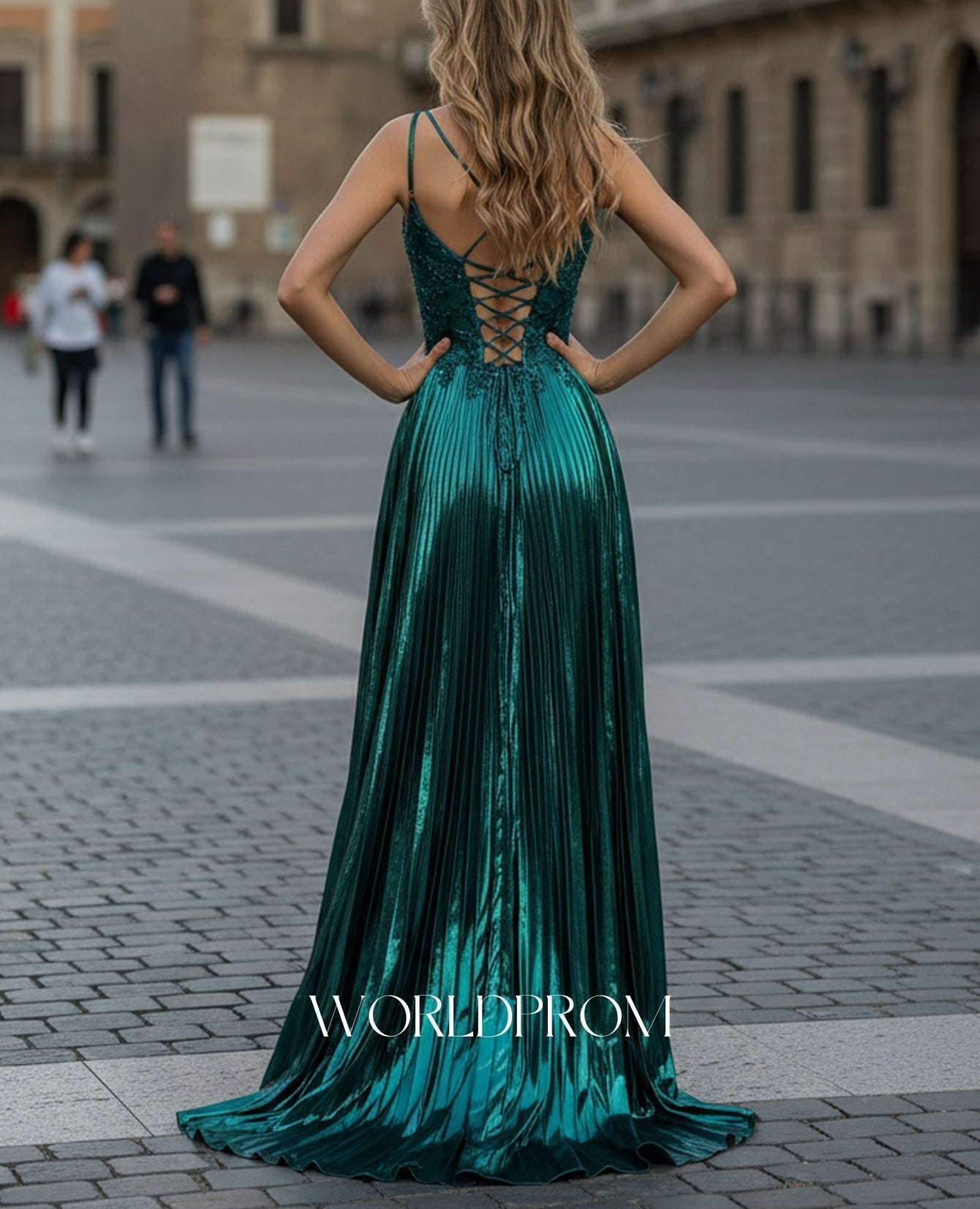 Sparkly Beading Deep V-Neck Sequin Satin A-Line Long Prom Dress - Emerald Green