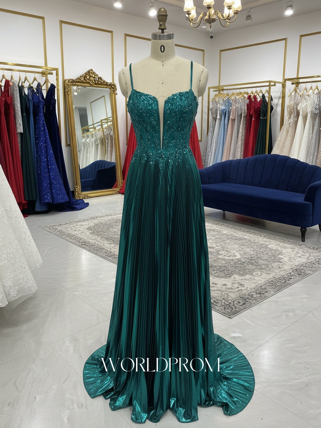 Sparkly Beading Deep V-Neck Sequin Satin A-Line Long Prom Dress - Emerald Green