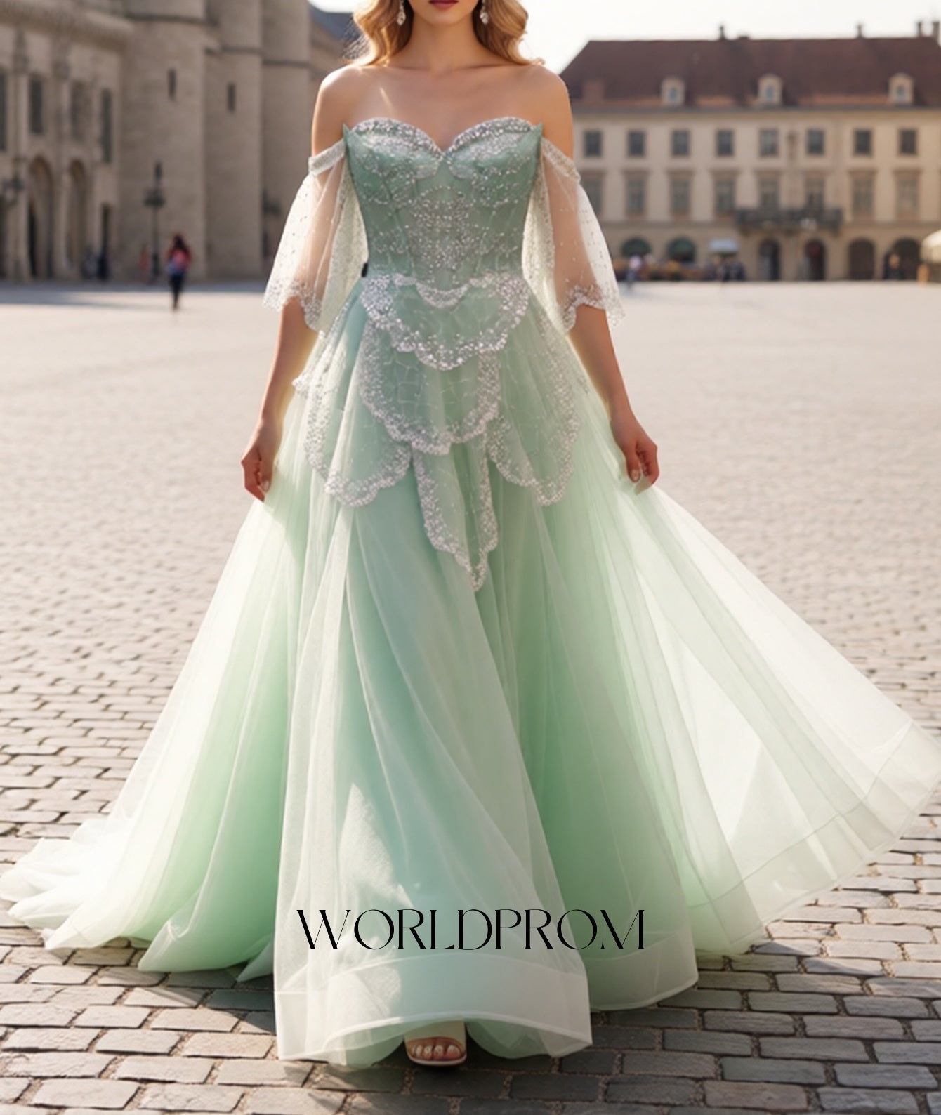 Sparkly Beading Off Shoulder Corset Ball Gown Long Prom Dress With Shawl - Mint Green