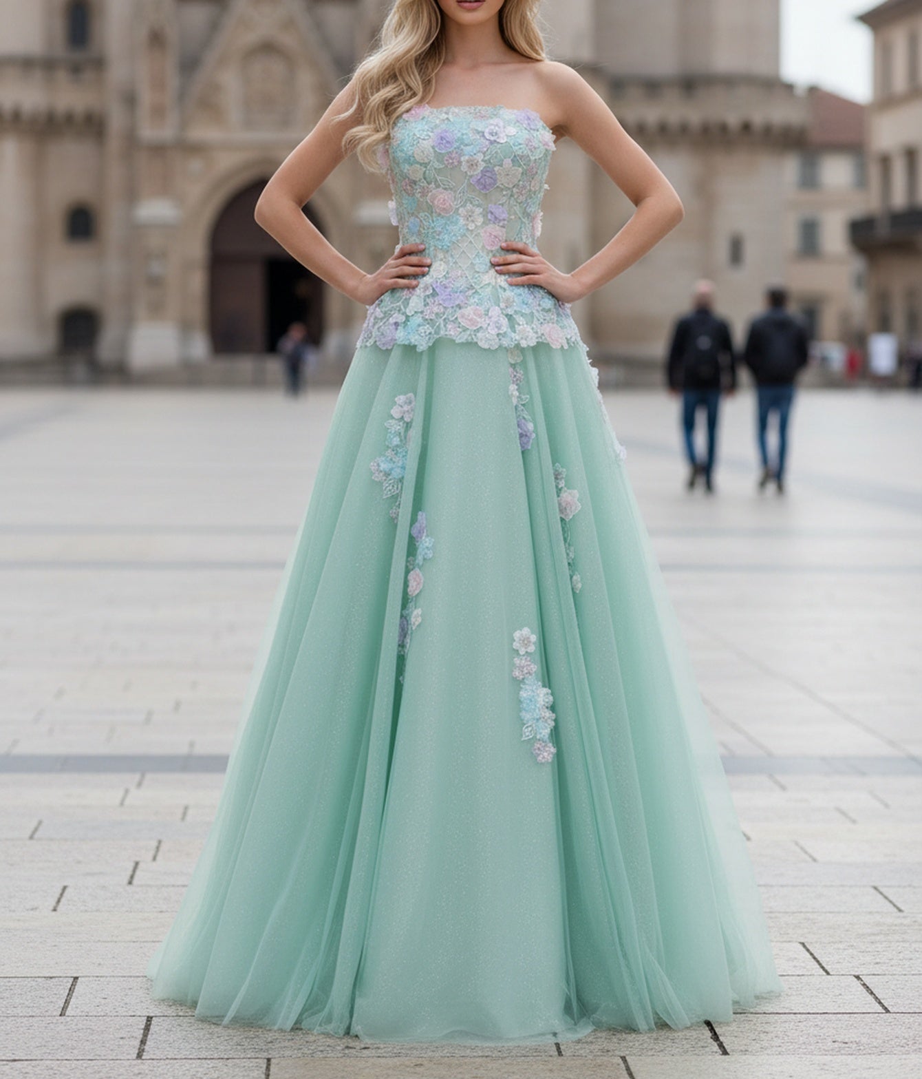 3D Flowers Sparkly Beading Corset Ball Gown Long Prom Dress - Mint Green