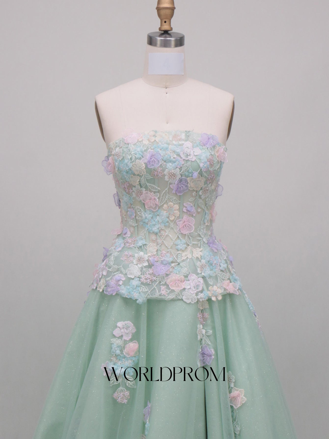 3D Flowers Sparkly Beading Corset Ball Gown Long Prom Dress - Mint Green