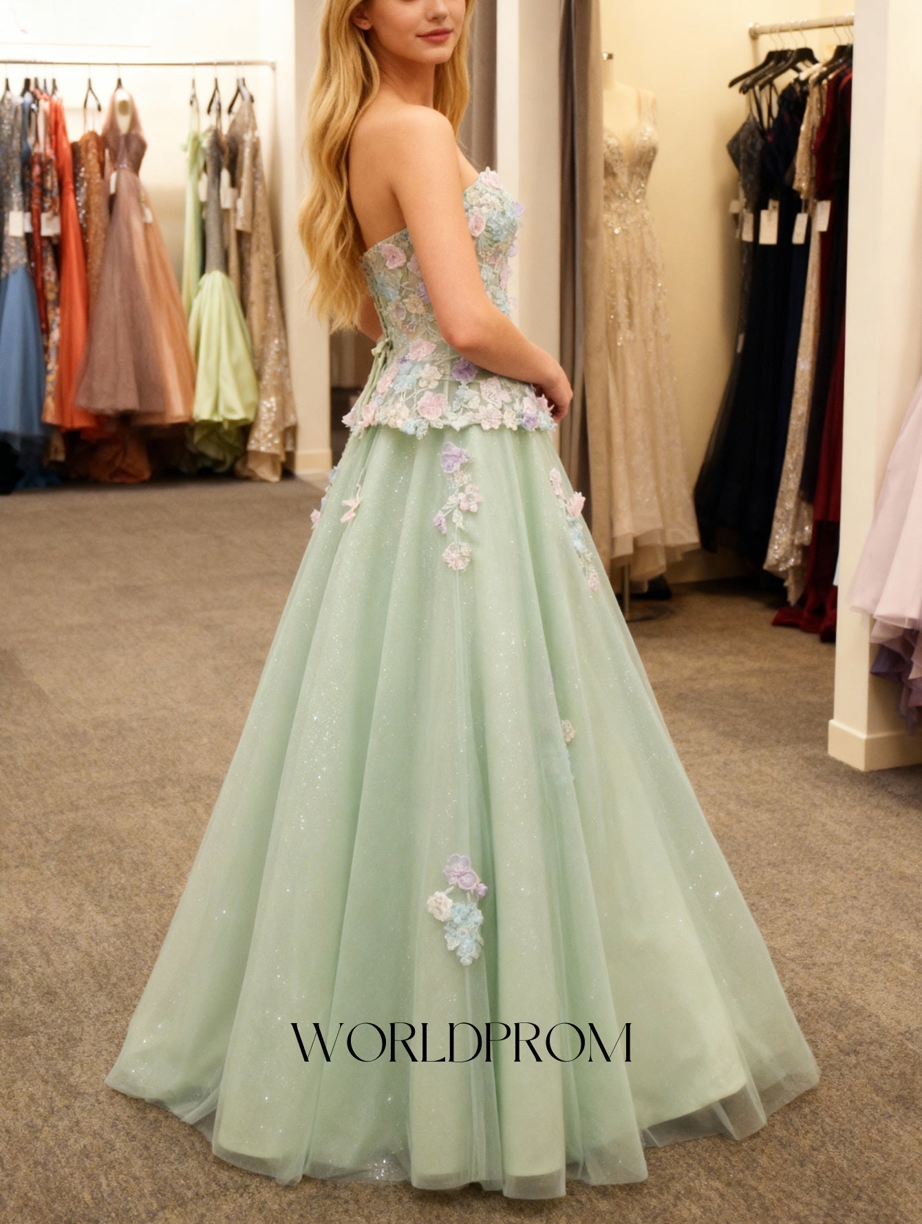 3D Flowers Sparkly Beading Corset Ball Gown Long Prom Dress - Mint Green
