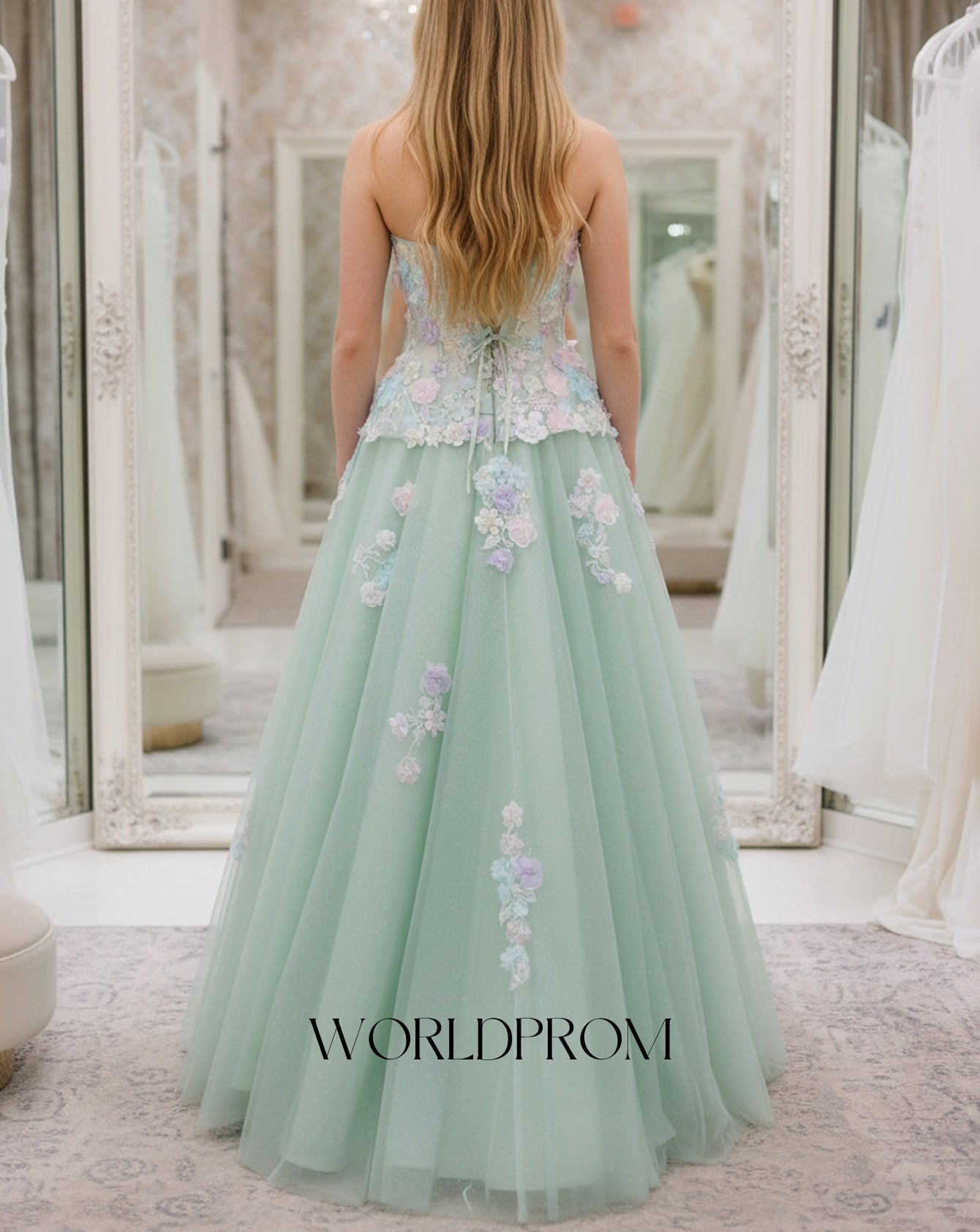 3D Flowers Sparkly Beading Corset Ball Gown Long Prom Dress - Mint Green