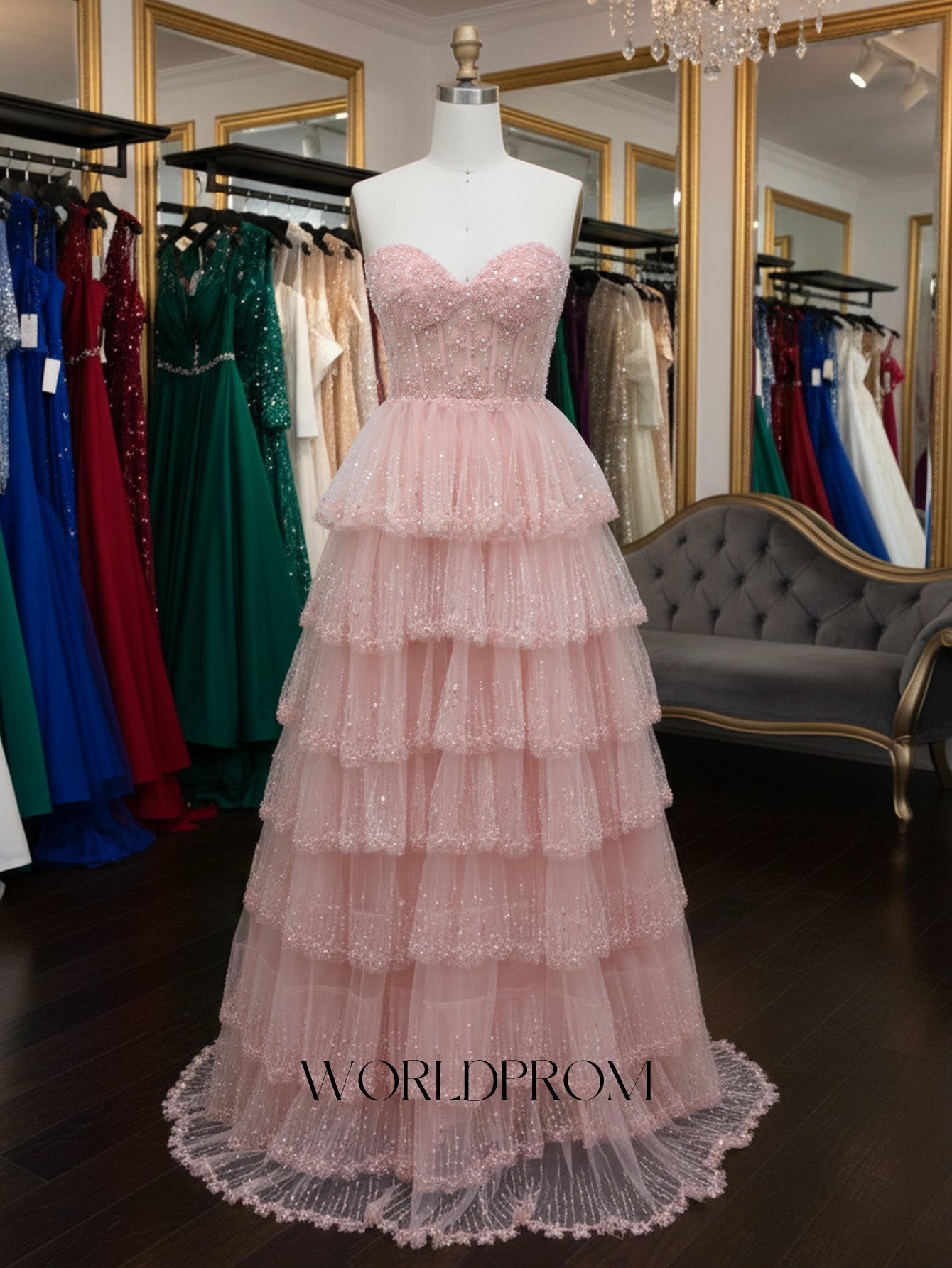 Sweetheart Sparkly Beading Illusion Layered Ruffle Hem Long Prom Dress - Light Pink