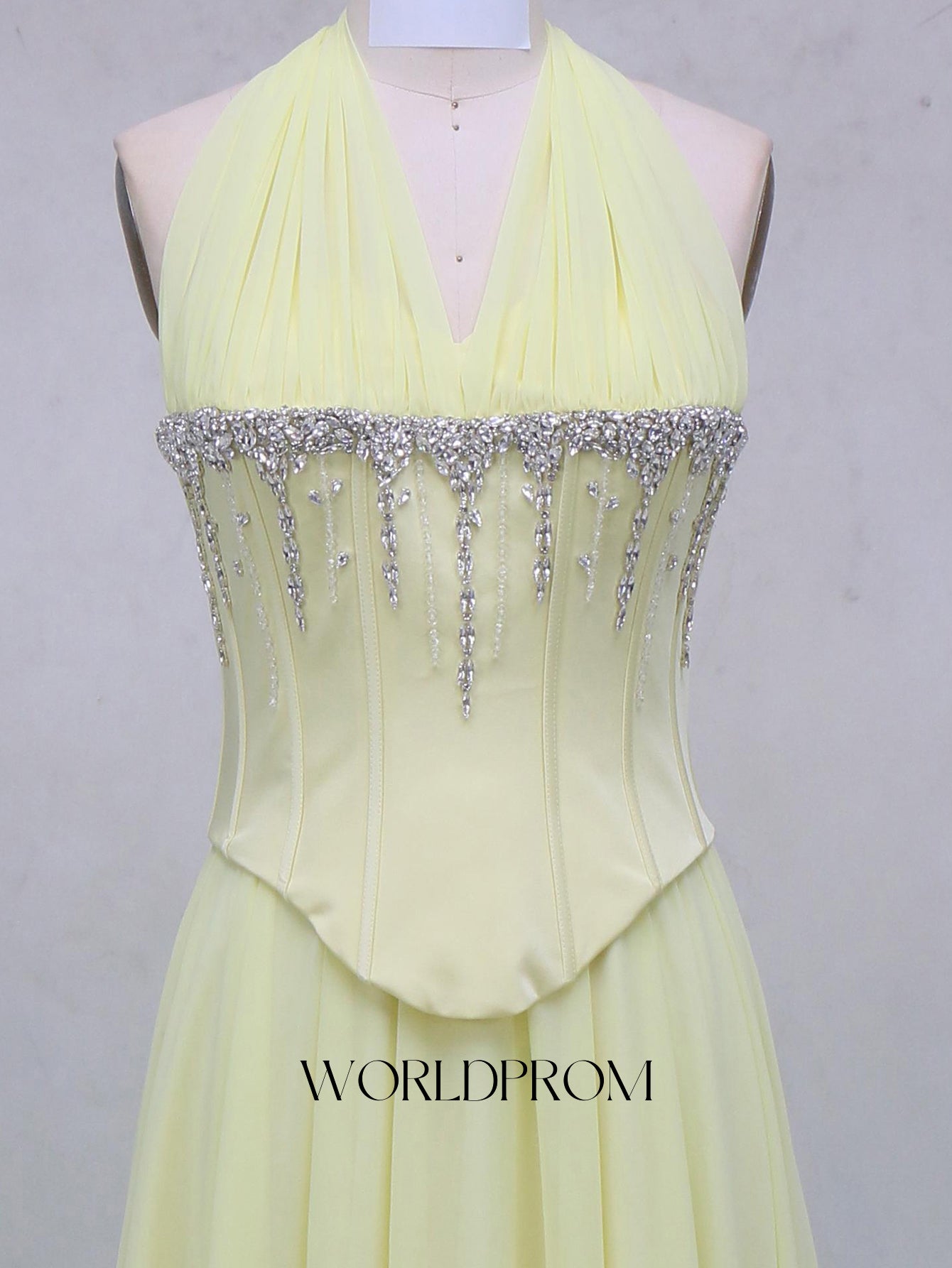 Halter Sparkly Beading Corset A-Line Long Prom Dress With Slit - Goose Yellow