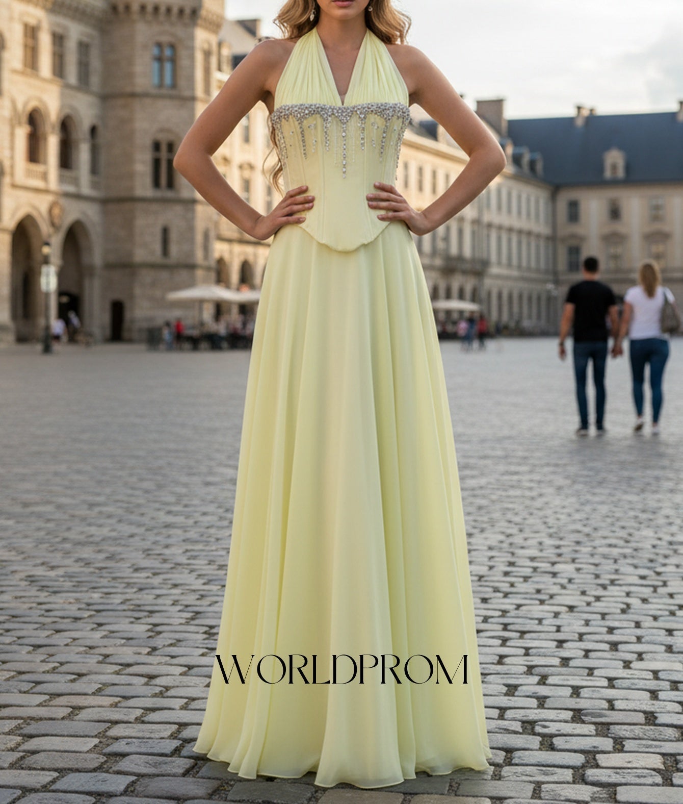 Halter Sparkly Beading Corset A-Line Long Prom Dress - Goose Yellow