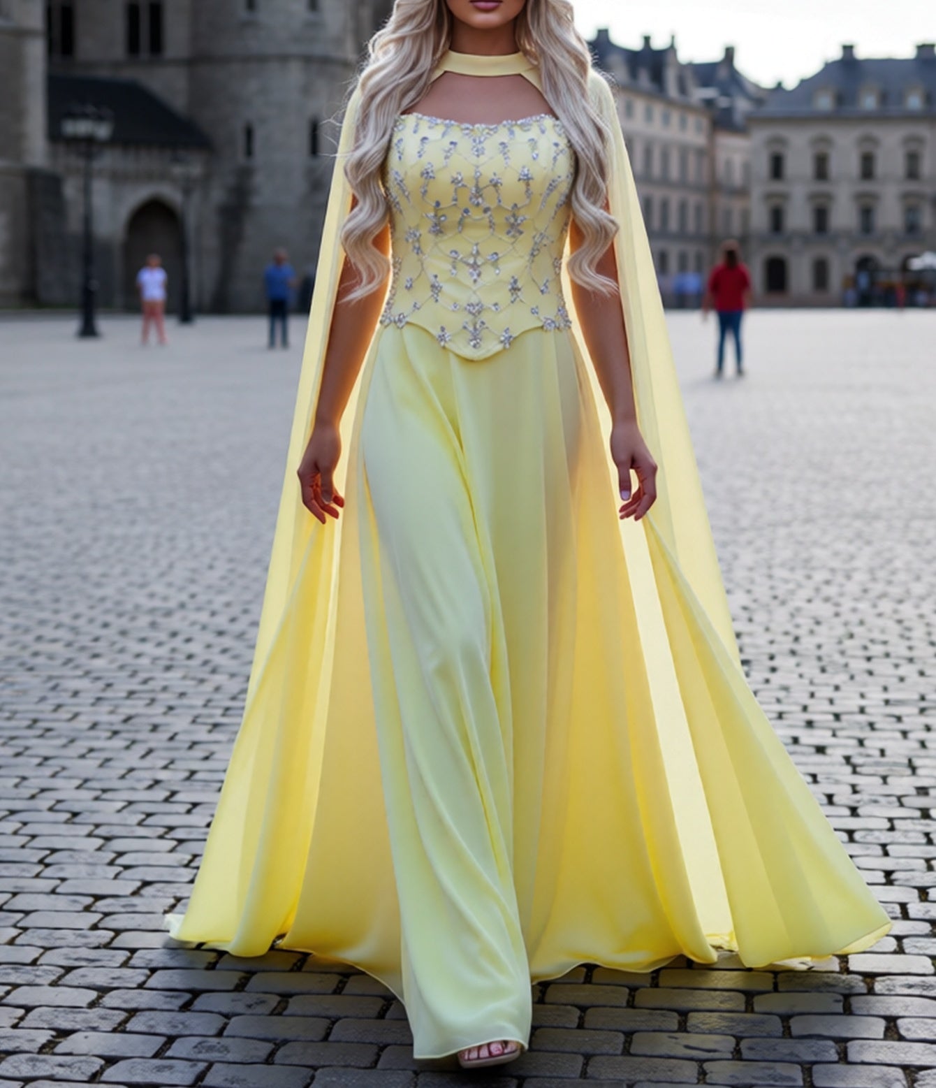 Sparkly Beading Spaghetti Shoulder Straps A-Line Long Prom Dress With Shawl - Goose Yellow