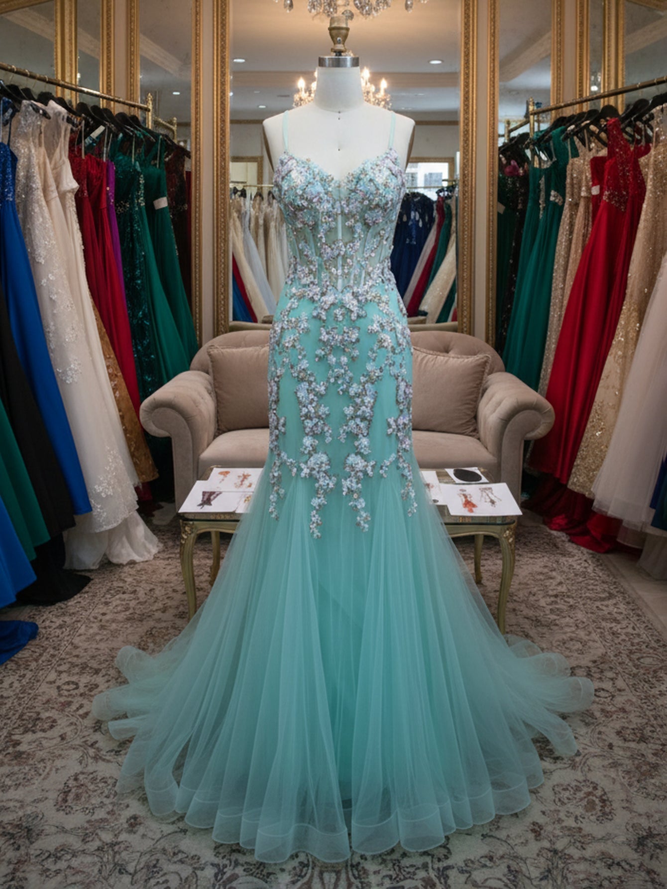 Sparkly Beading Spaghetti Shoulder Straps Floral Mermaid Long Prom Dress - Turquoise