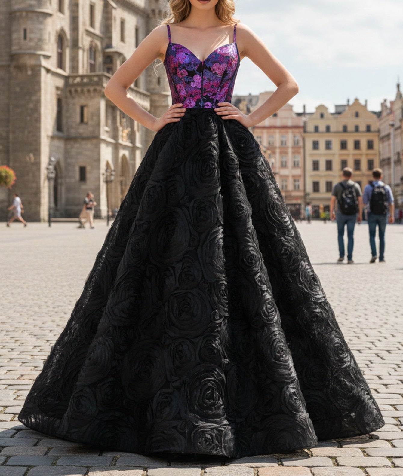 3D Flowers Spaghetti Shoulder Straps Floral Ball Gown Long Prom Dress - Black