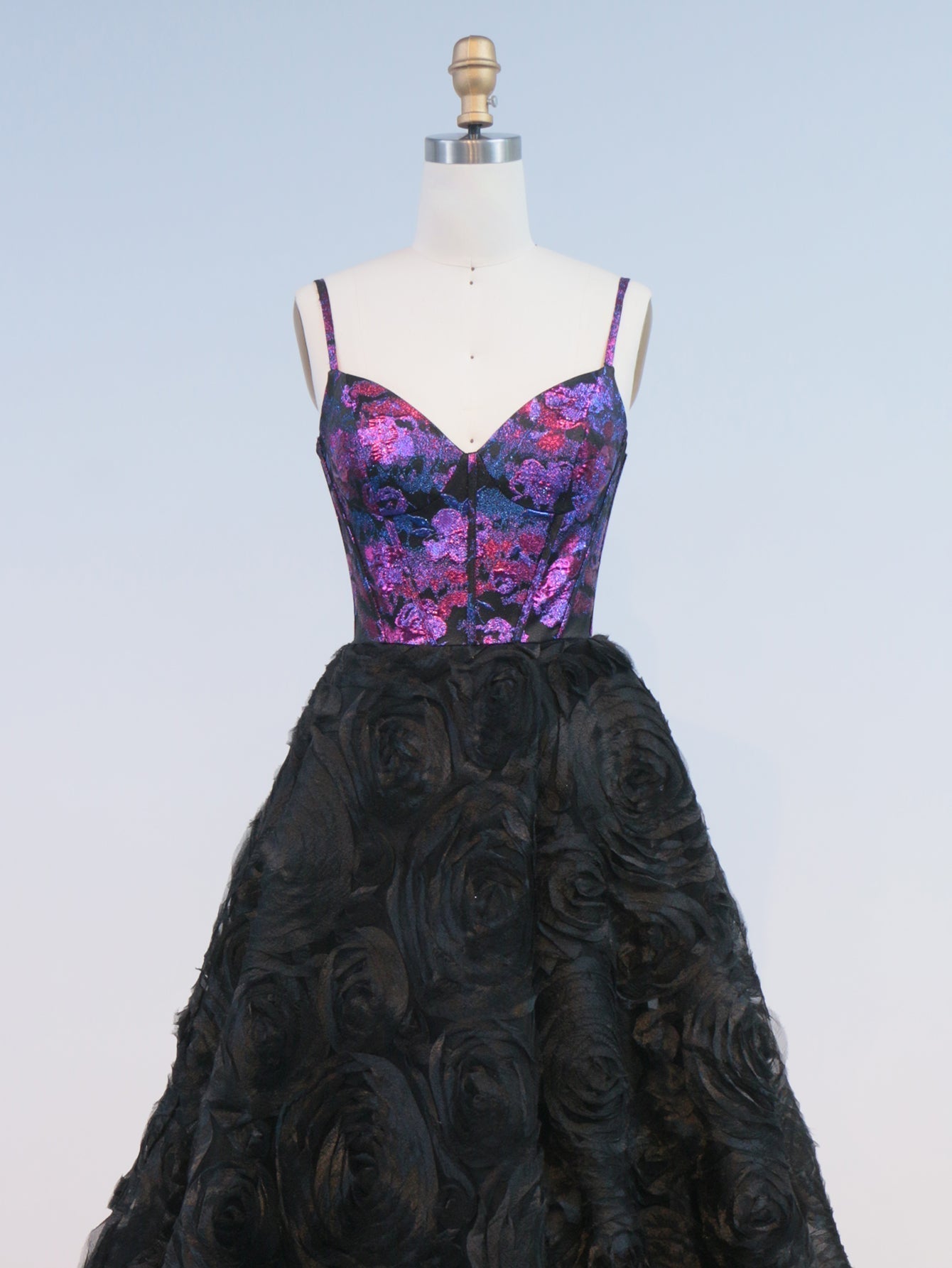 3D Flowers Spaghetti Shoulder Straps Floral Ball Gown Long Prom Dress - Black