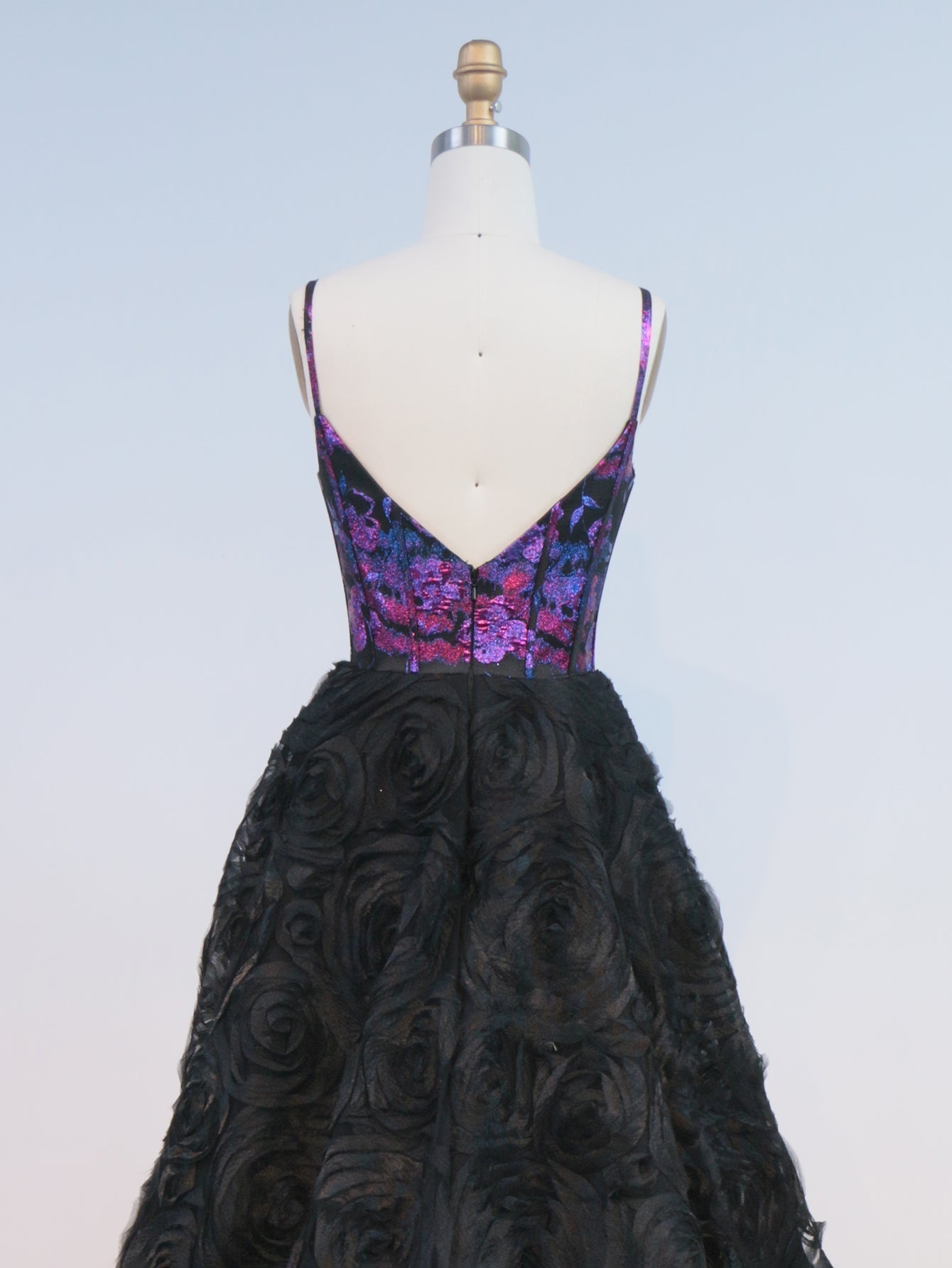 3D Flowers Spaghetti Shoulder Straps Floral Ball Gown Long Prom Dress - Black