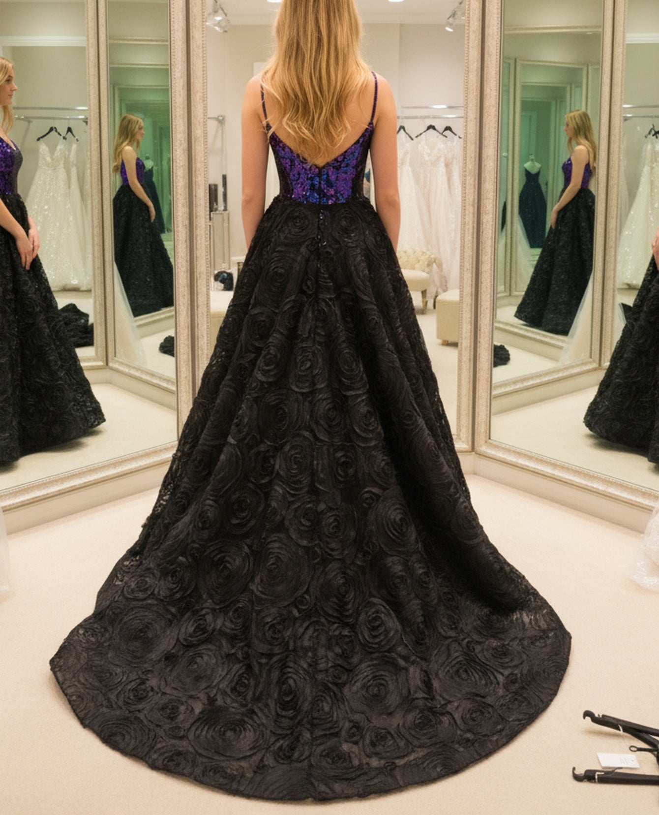 3D Flowers Spaghetti Shoulder Straps Floral Ball Gown Long Prom Dress - Black