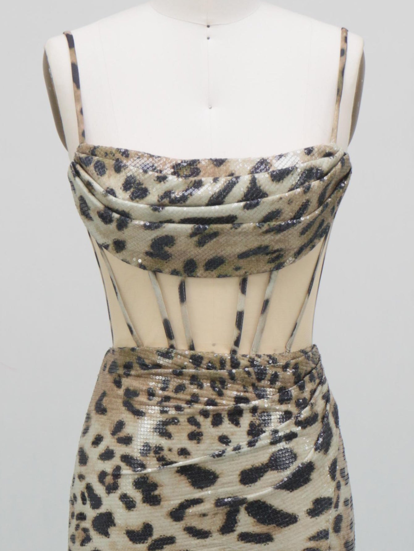 Spaghetti Shoulder Straps Ruched Bust Illusion Mermaid Long Prom Dress - Leopard Print