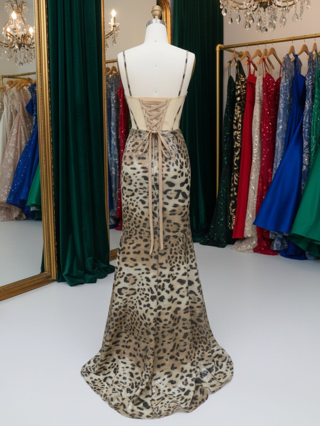 Spaghetti Shoulder Straps Ruched Bust Illusion Mermaid Long Prom Dress - Leopard Print