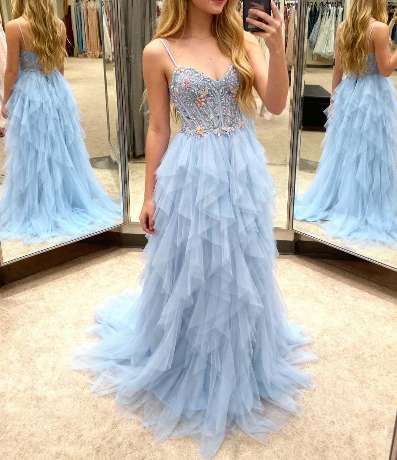 3D Flowers Hand Beading Spaghetti Shoulder Straps Ball Gown Long Prom Dress - Baby Blue