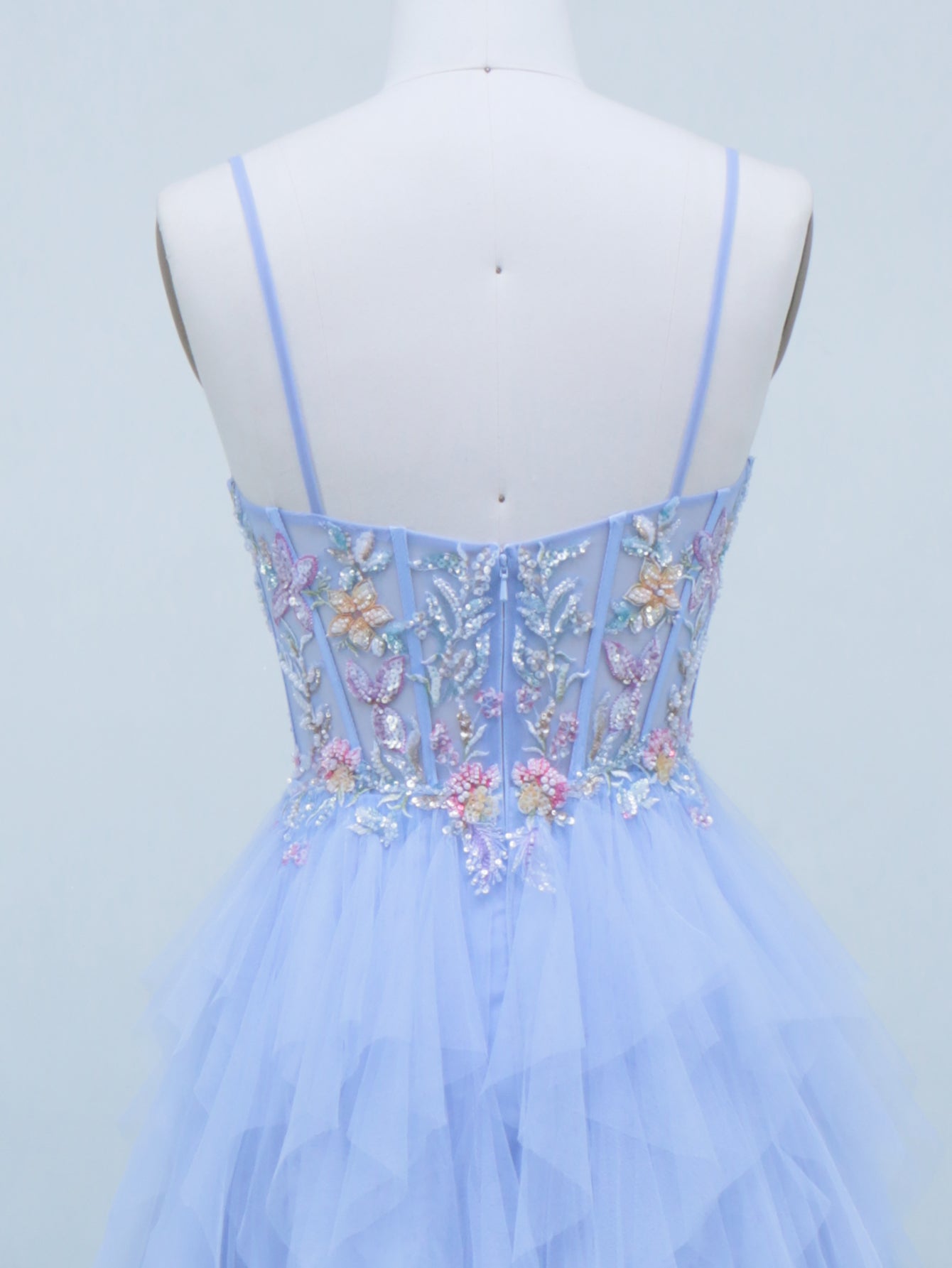 3D Flowers Hand Beading Spaghetti Shoulder Straps Ball Gown Long Prom Dress - Baby Blue