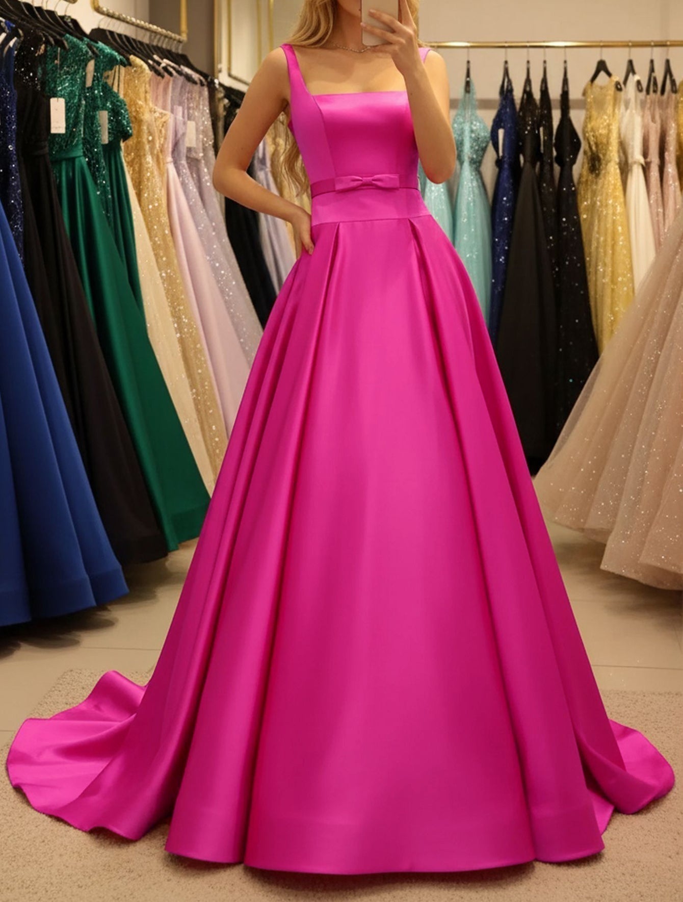 Tank Bow Coset Lace Up Ball Gown Long Prom Dress - Hot Pink