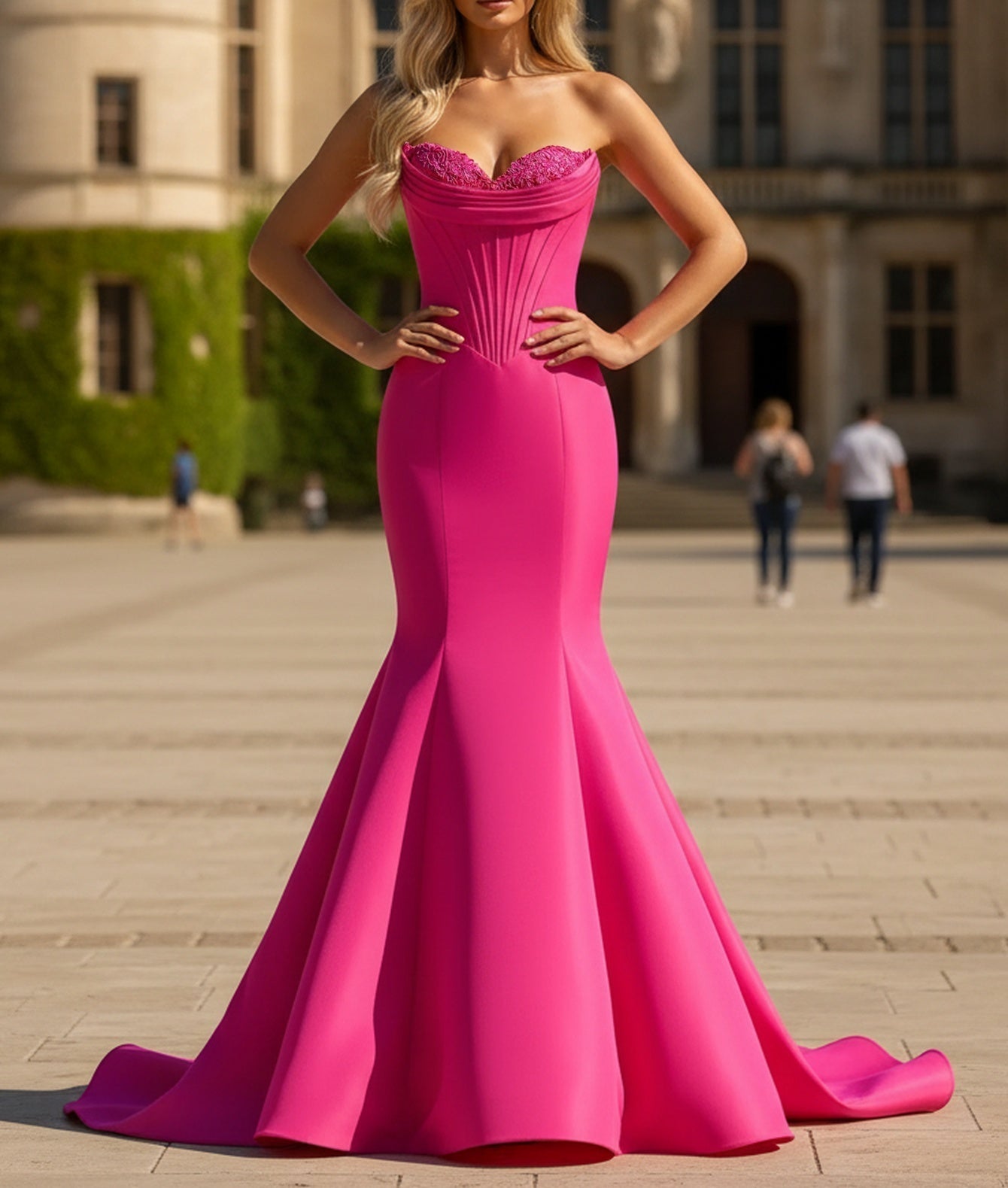 Sweetheart Lace Ruched Bust Corset Pleated Mermaid Long Prom Dress - Hot Pink