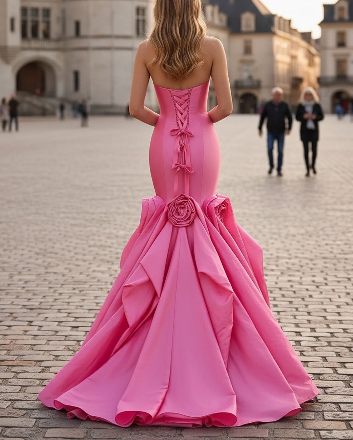 3D Flowers Corset Lace Up Long Mermaid Prom Dress - Hot Pink