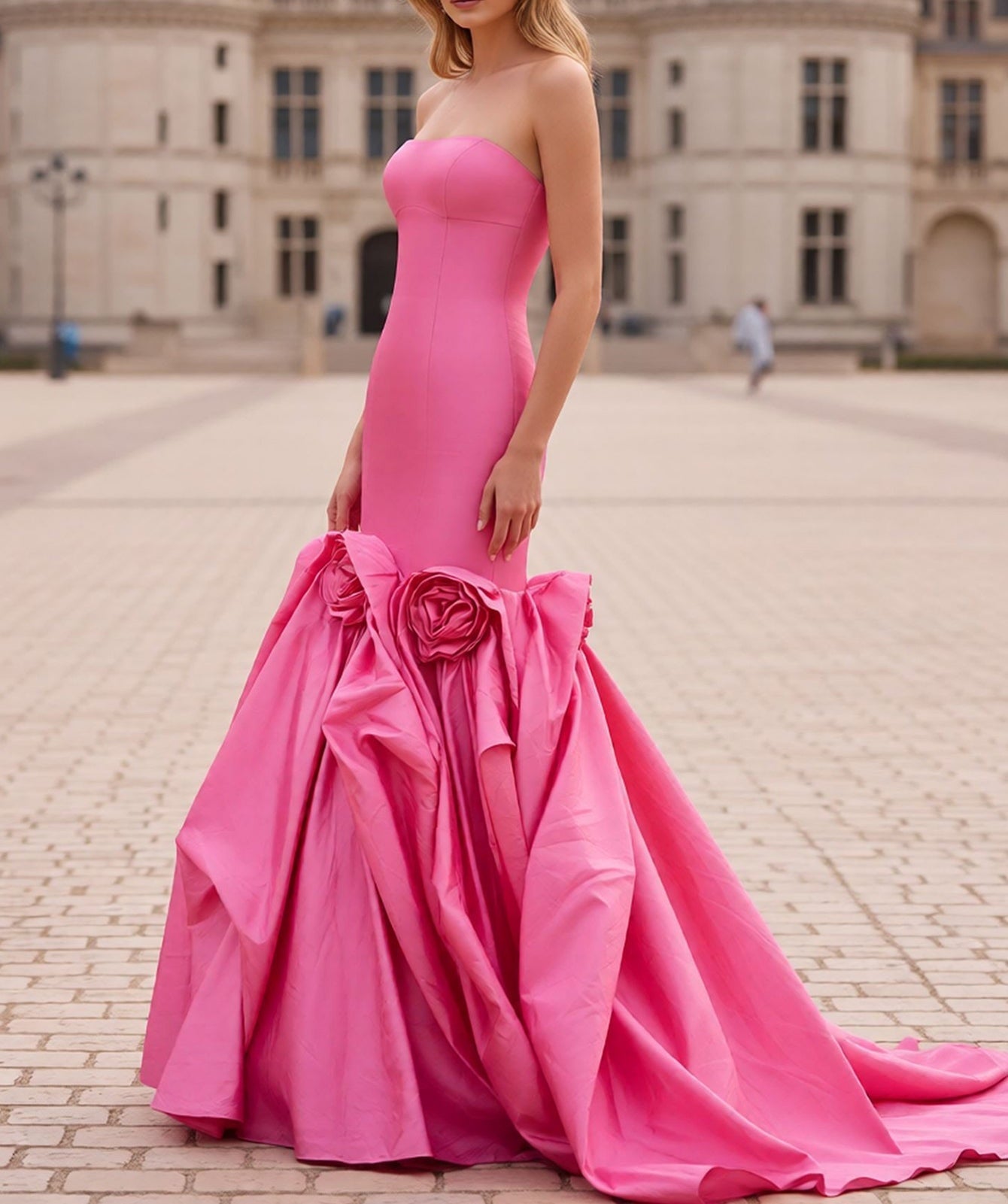 3D Flowers Corset Lace Up Long Mermaid Prom Dress - Hot Pink