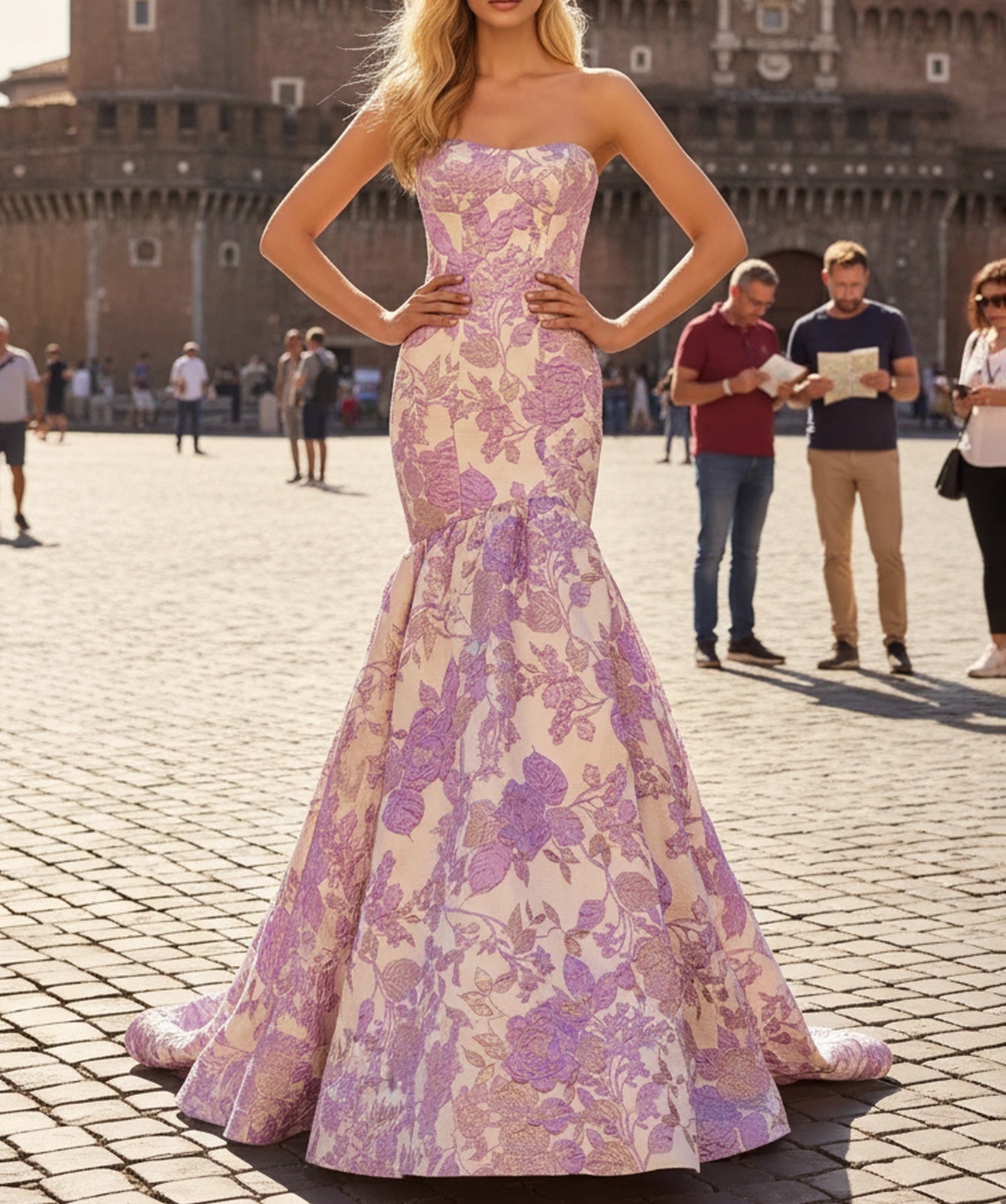 Floral Strapless Corset Lace Up Long Mermaid Prom Dress - Lilac Floral