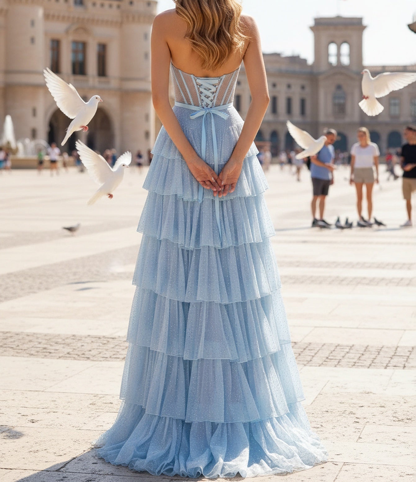 Hot Fix Crystal Illusion Long Layered Ruffle Hem Prom Dress With Bow - Light Blue