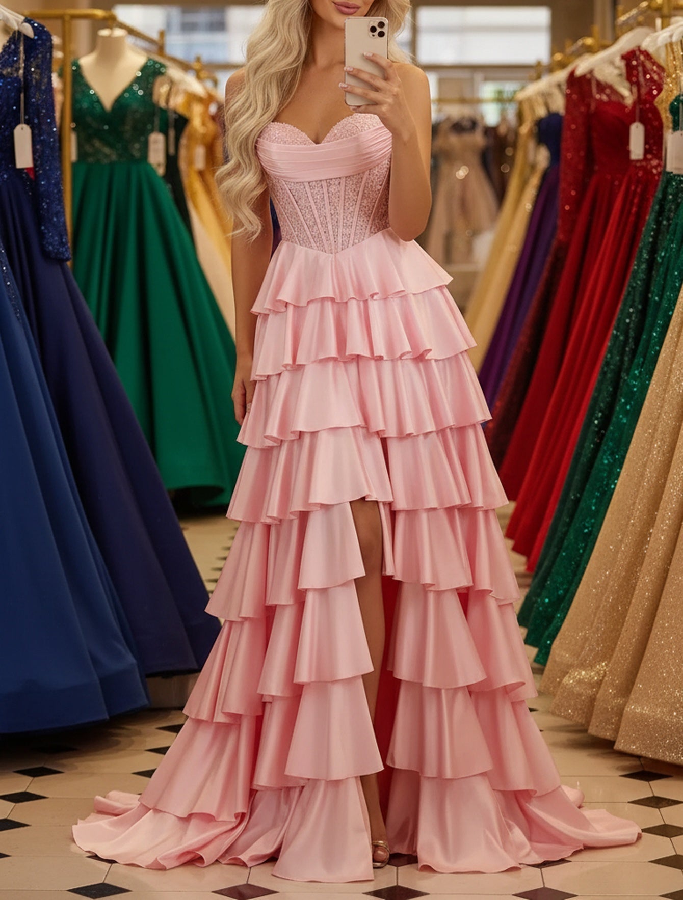 Sweetheart Lace Ruched Bust Ruffle Hem Long Ball Gown Prom Dress With Slit - Pink
