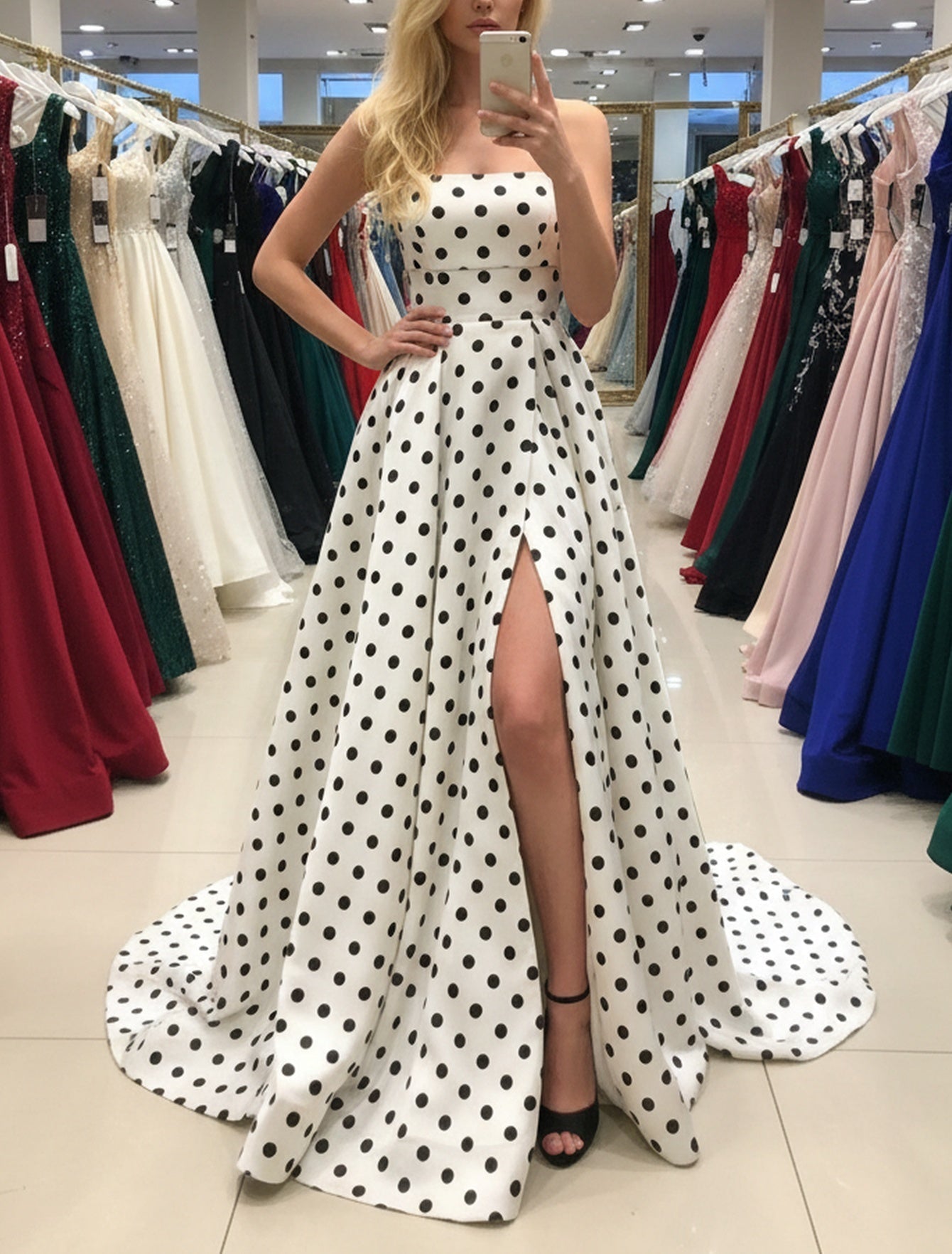 Strapless Corset White Polka Dot Long A-Line Prom Dress With Slit And Pocket - White