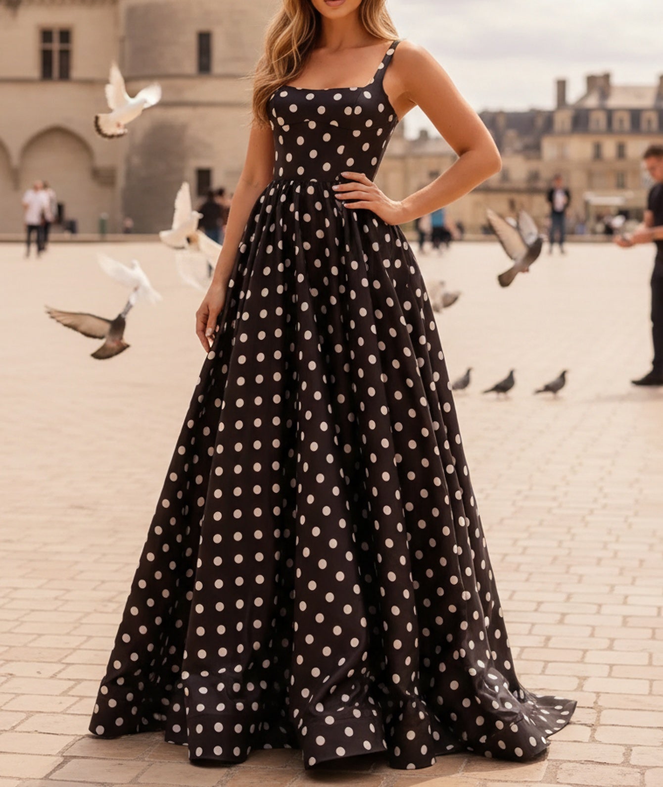 Square White Polka Dot Corset Backless Long Ball Gown Prom Dress - Black