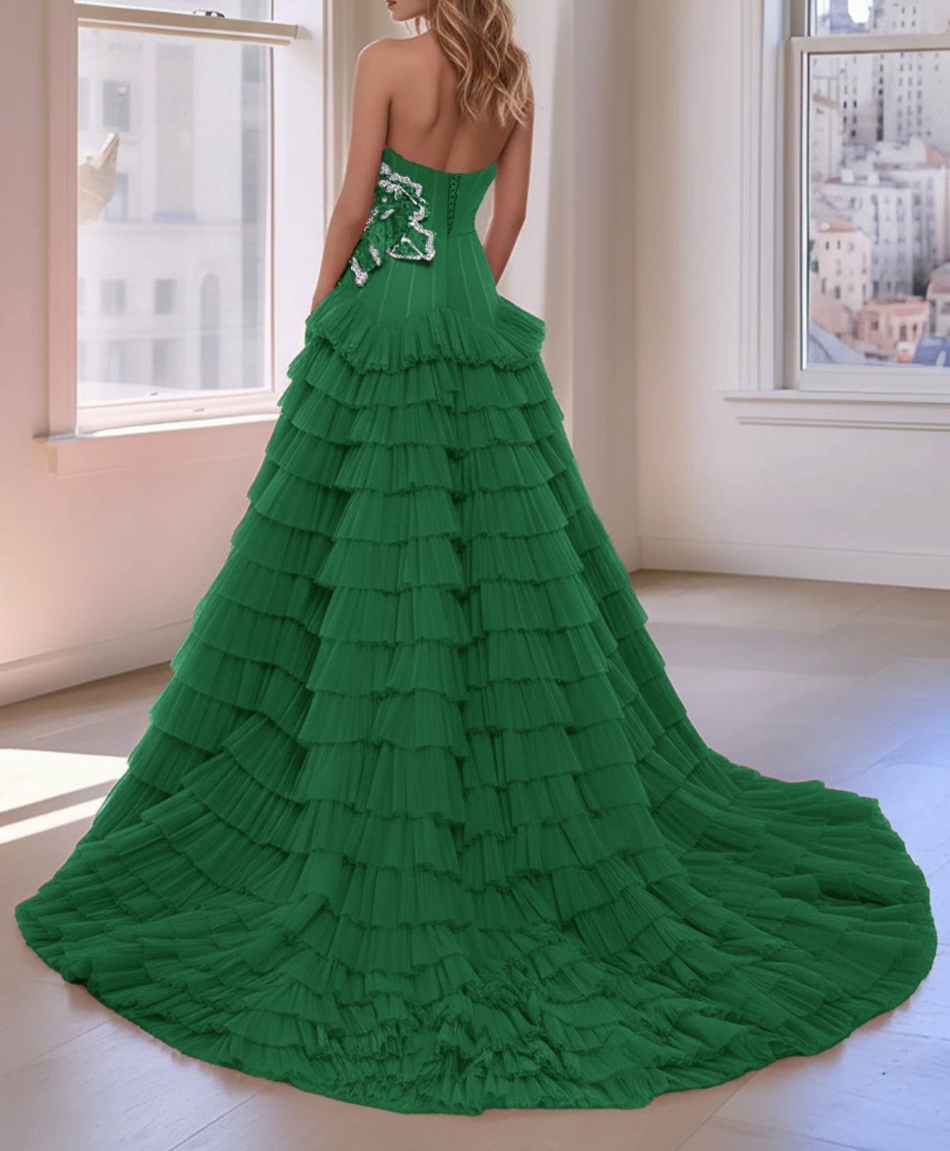 3D Rose Waist Strapless Tiered Ball Gown Evening Dress - Green